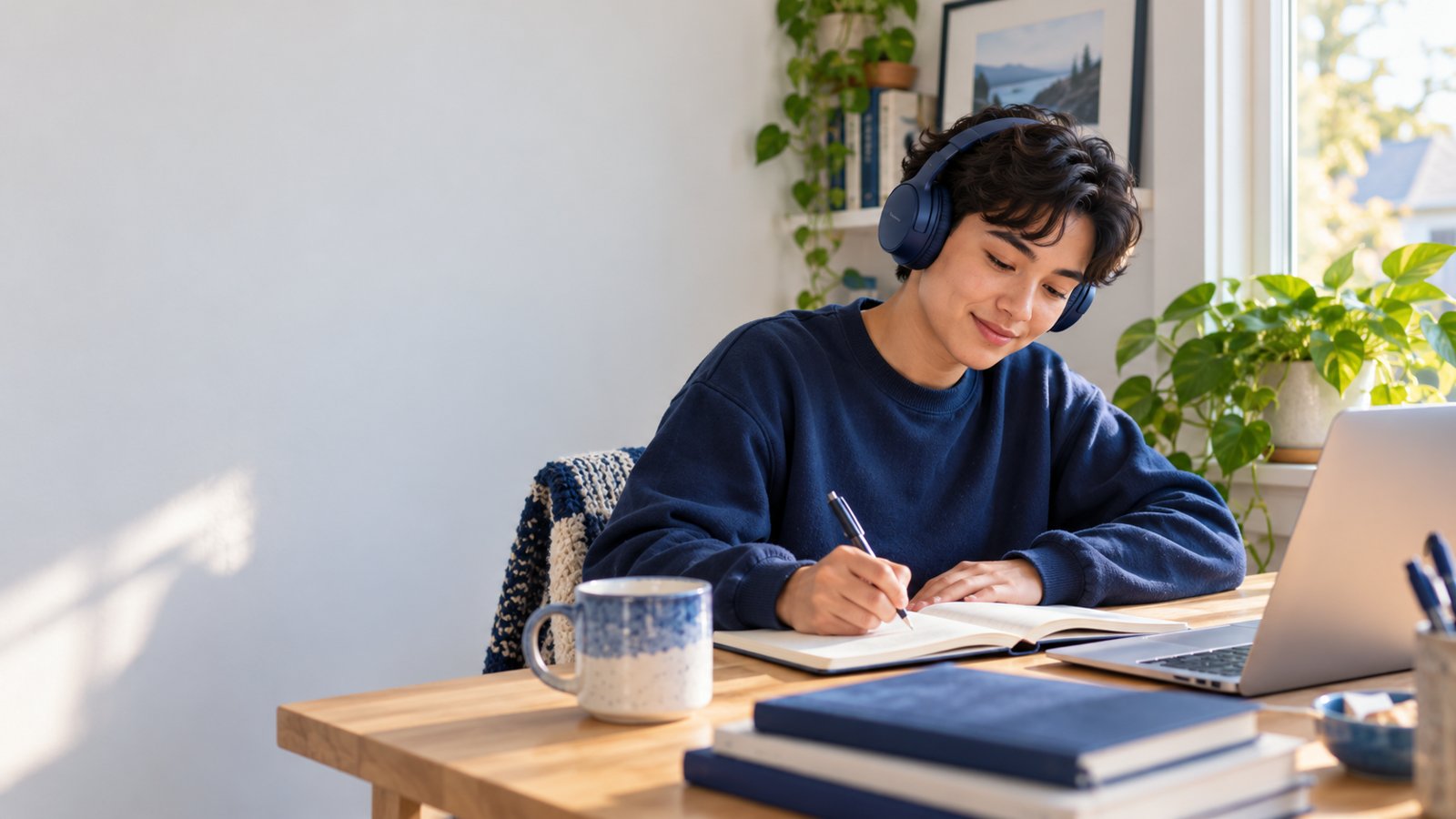 A learner wearing headphones writes in a notebook beside a window.