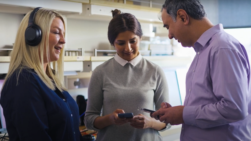 Dr. Elina Birmingham, Behnaz Bahmei, and Dr. Siamak Arzanpour in SFU Surrey lab.