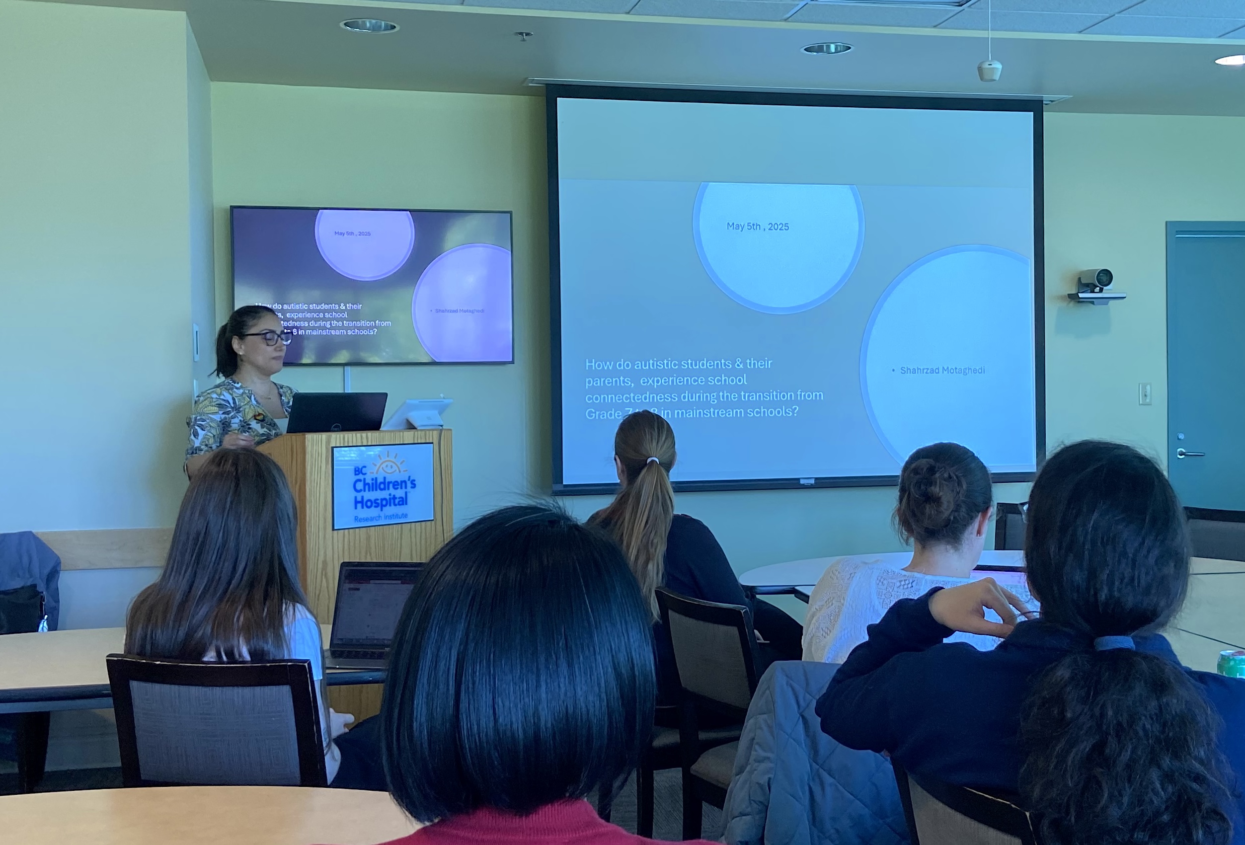 Shahrzad Motaghedi presenting a talk at the BCCH Autism Event.