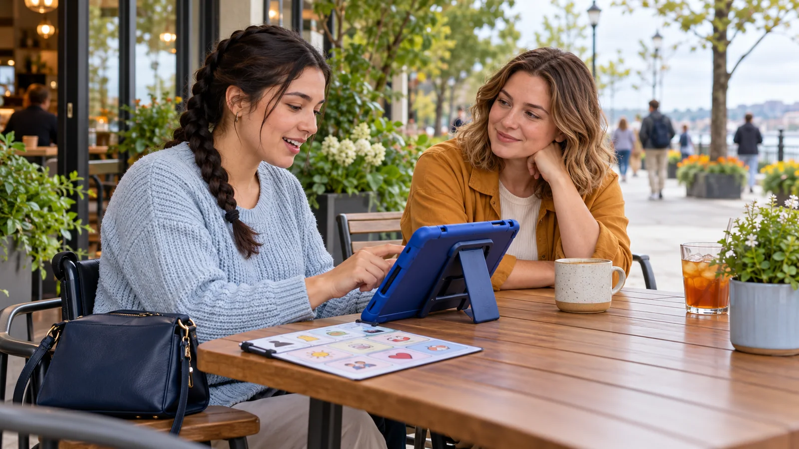 Illustration of an adult using a tablet in a protective case while talking with a friend at an outdoor café.