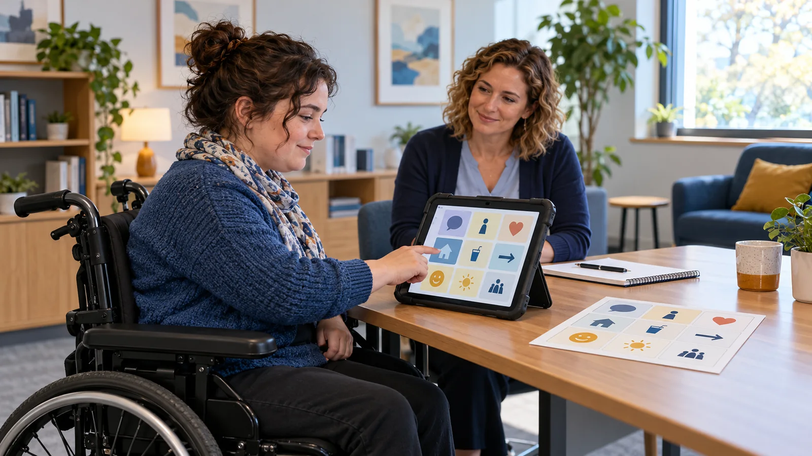 Illustration of an adult independently trying a tablet during a conversation with a professional in a consultation room.