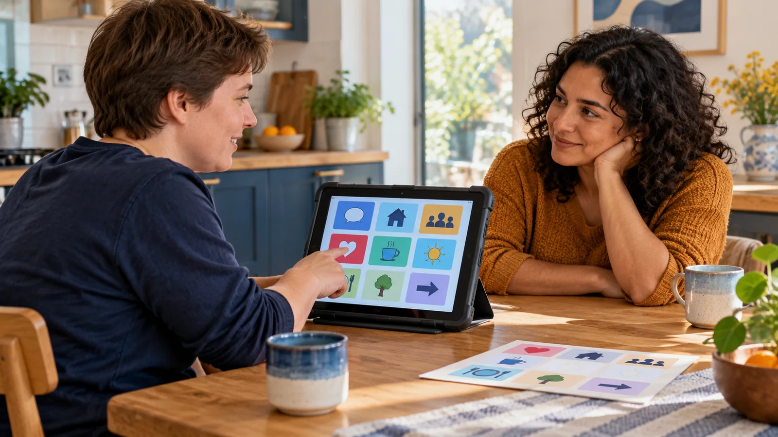 Illustration of two adults communicating at a kitchen table using a tablet with a paper communication board nearby.