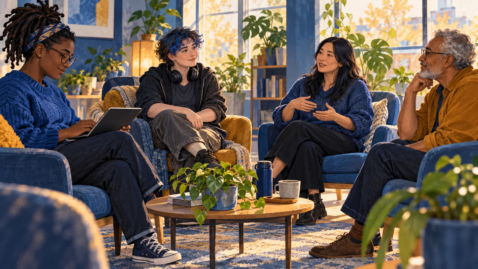 Illustration of four adults in a relaxed peer discussion, with one participant using a tablet.