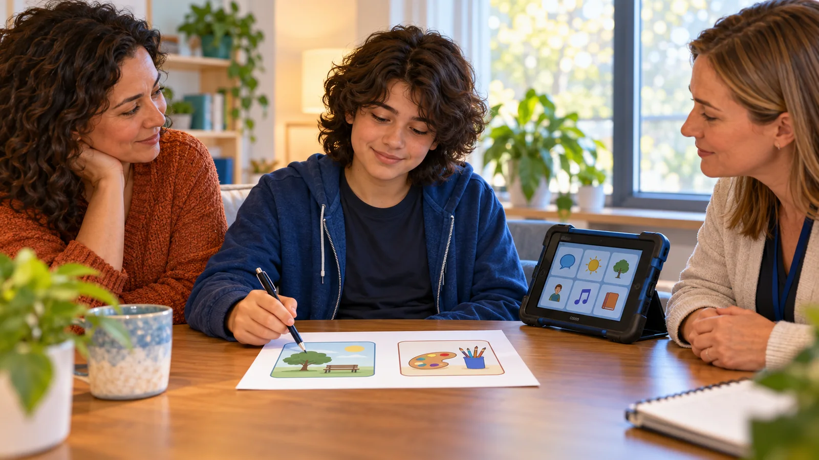 Illustration of a teenager reviewing illustrated choices with a parent and clinician, with a communication tablet within reach.