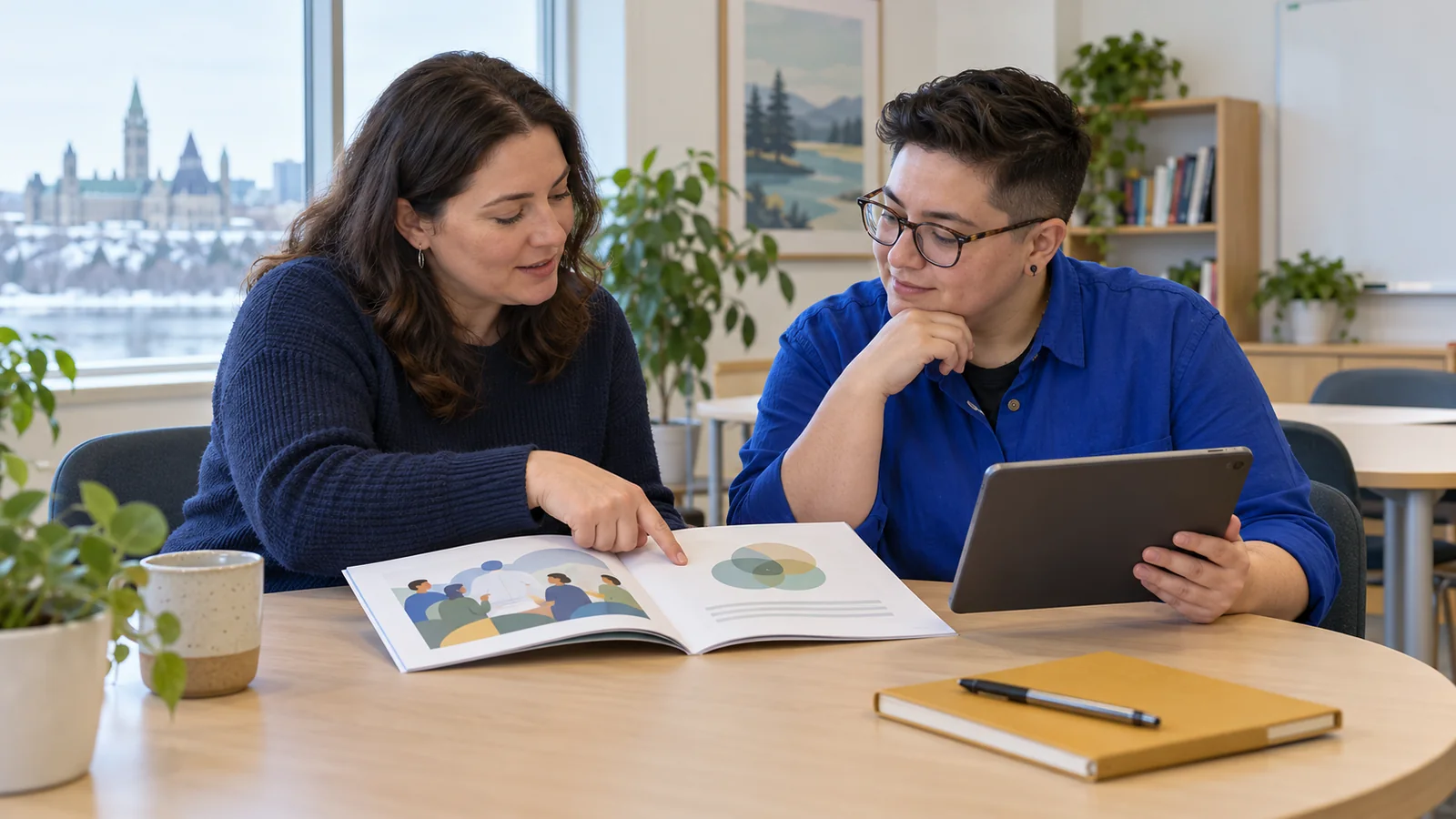 Illustration of two adults reviewing an illustrated learning booklet with a tablet available for communication.