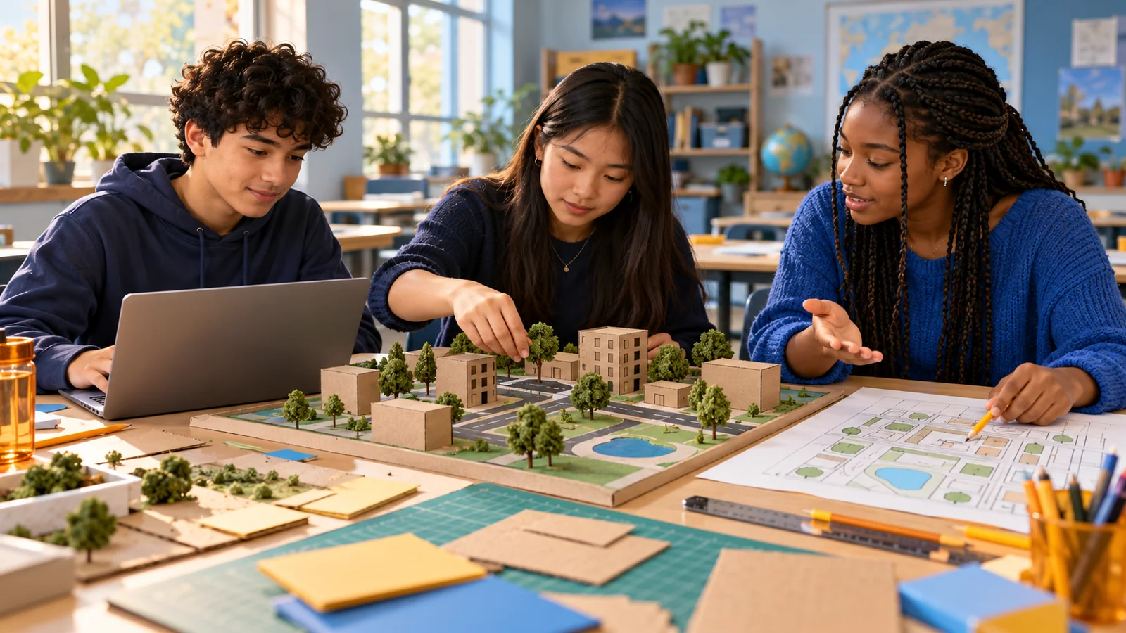 Illustration of three teenagers working on a cardboard neighbourhood model with a laptop plan.