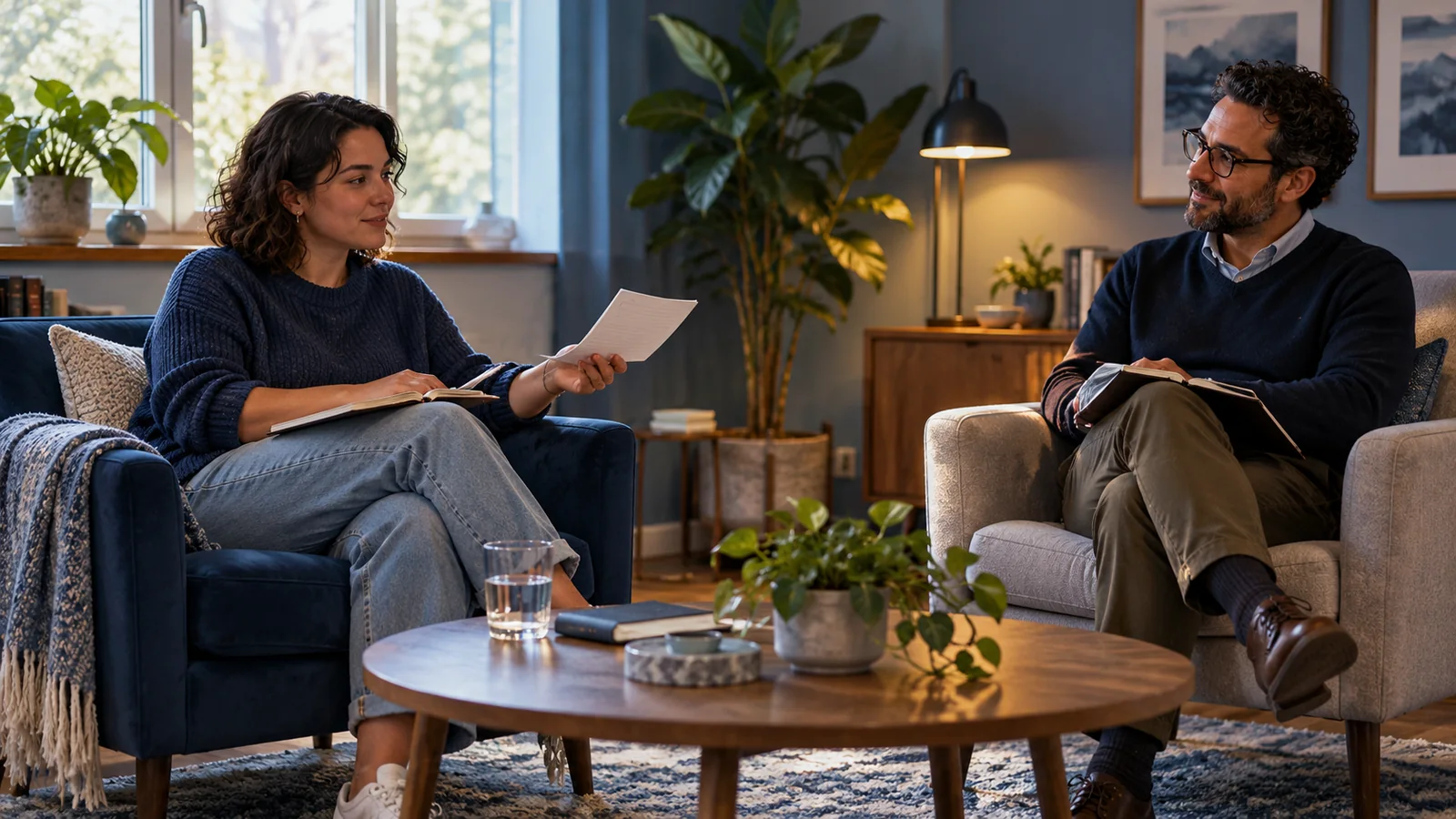 Illustration of an adult sharing written notes with a therapist in a quiet, softly lit counselling room.