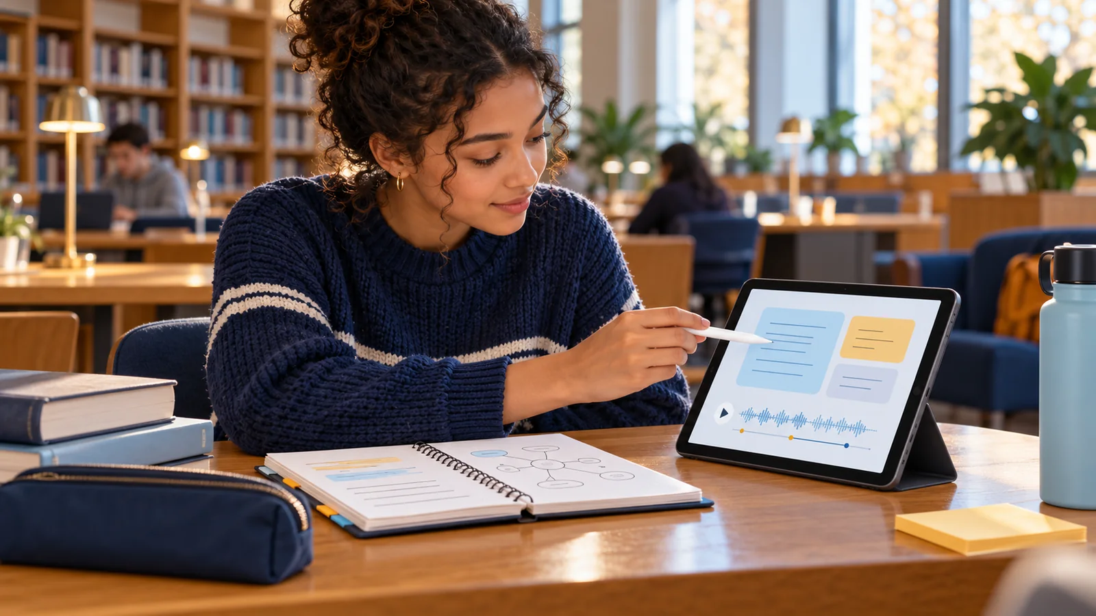 Illustration of a student reviewing notes and an audio timeline on a tablet beside a paper notebook in a library.