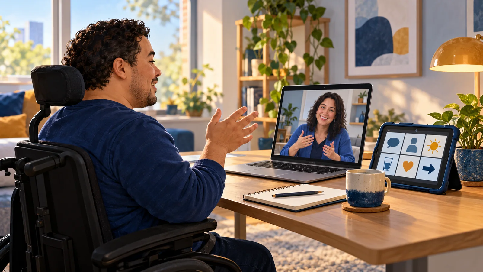 Illustration of an adult attending a video appointment at home with a separate communication tablet beside the laptop.