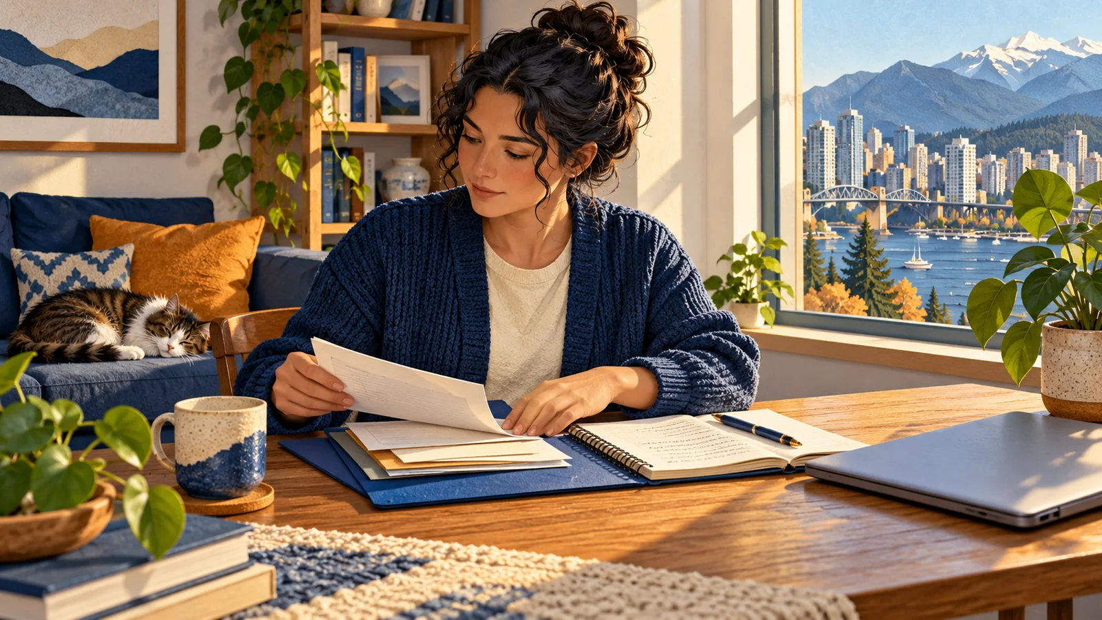 Illustration of an adult reviewing papers and a notebook beside an apartment window.