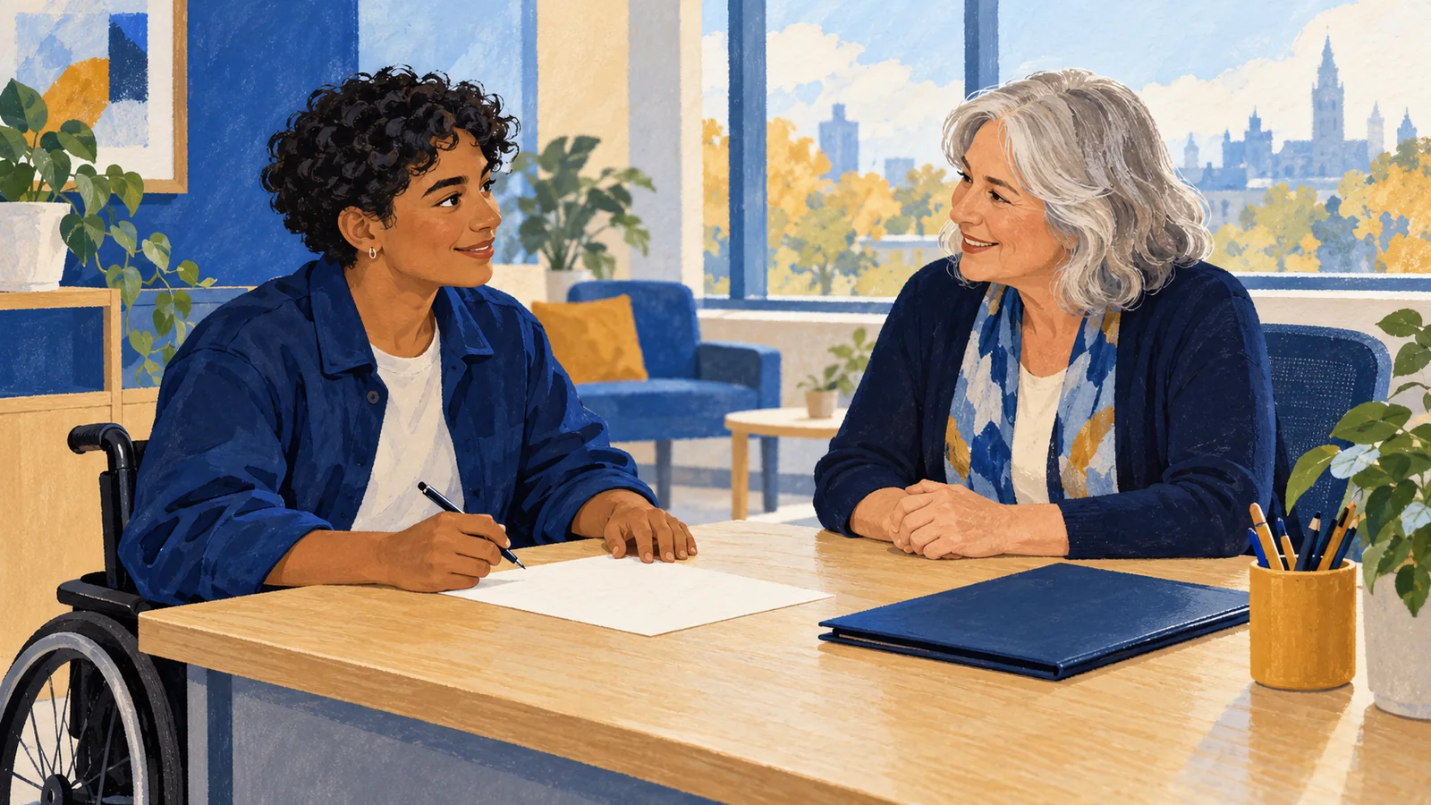 Illustration of an adult wheelchair user reviewing an application sheet with an adviser in a quiet office.
