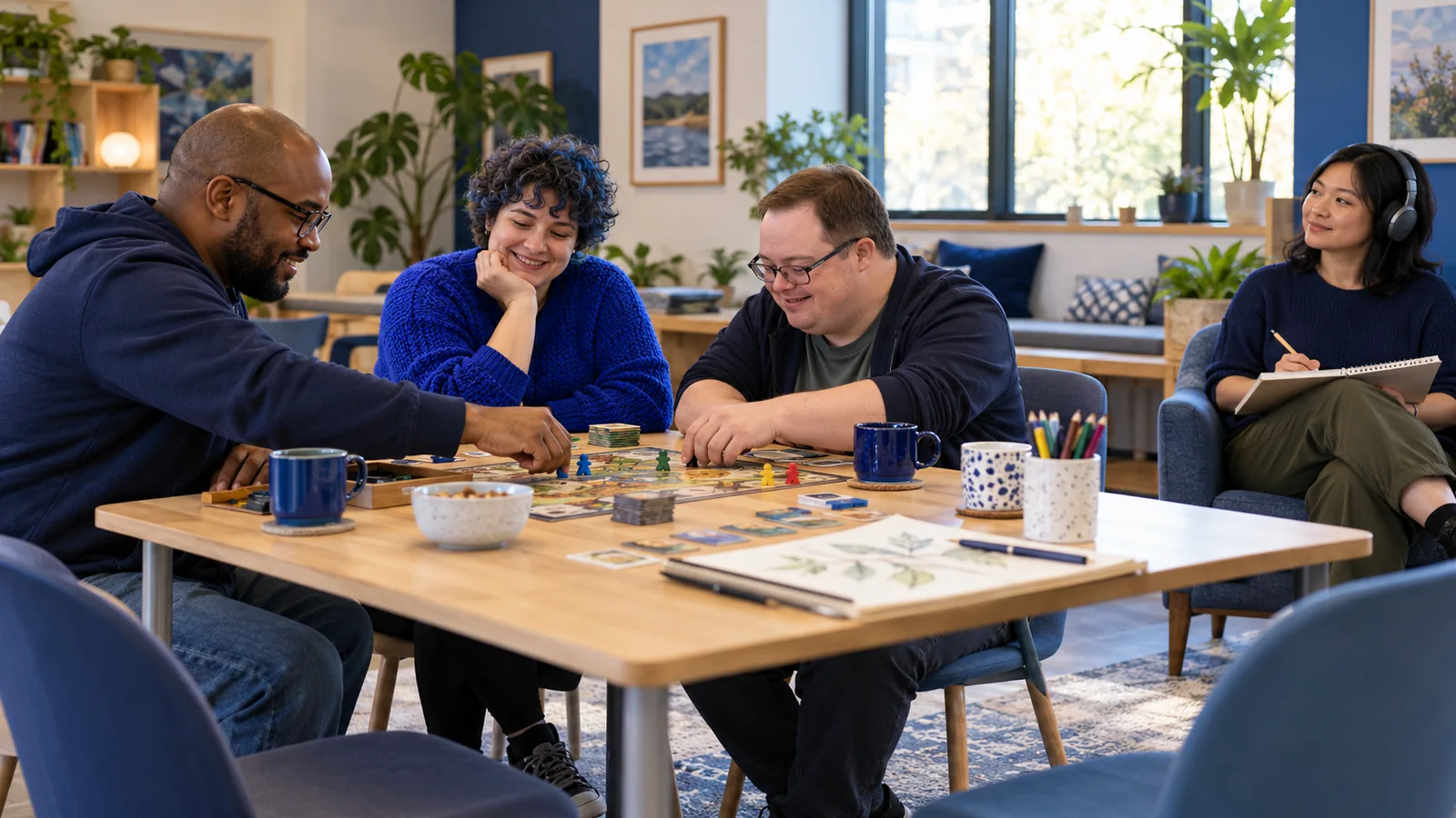 Illustration of adults enjoying a tabletop activity while another participant observes and sketches with headphones.