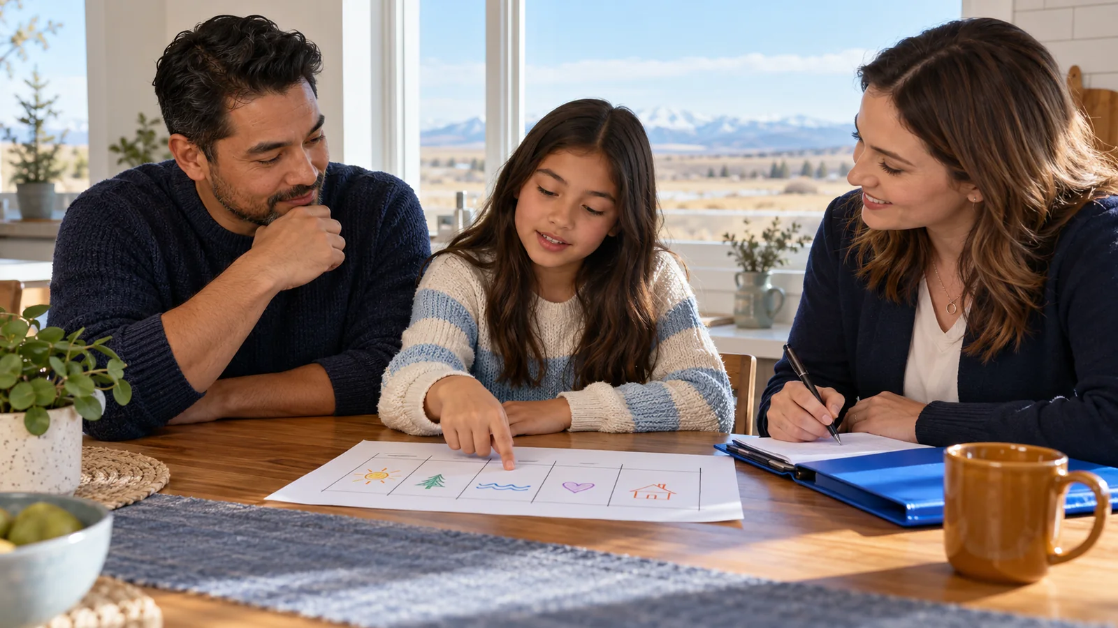 Illustration of a father, daughter and support worker discussing a simple weekly planning sheet at home.