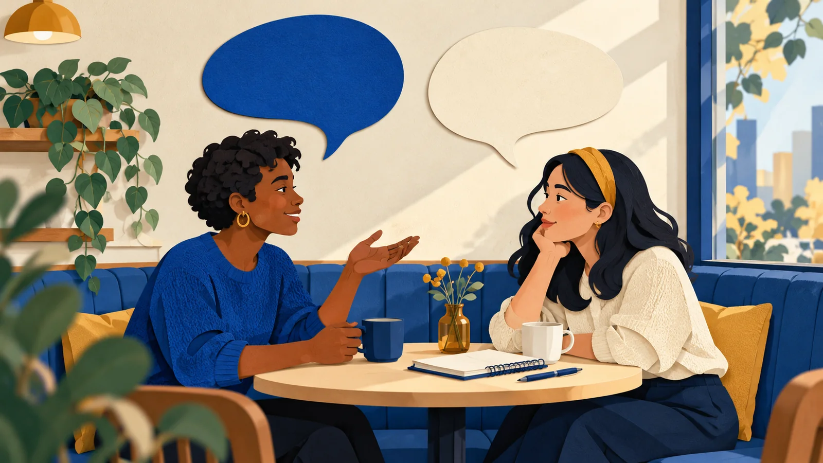 Illustration of two adults talking in a cafe, with two empty speech bubbles above them.
