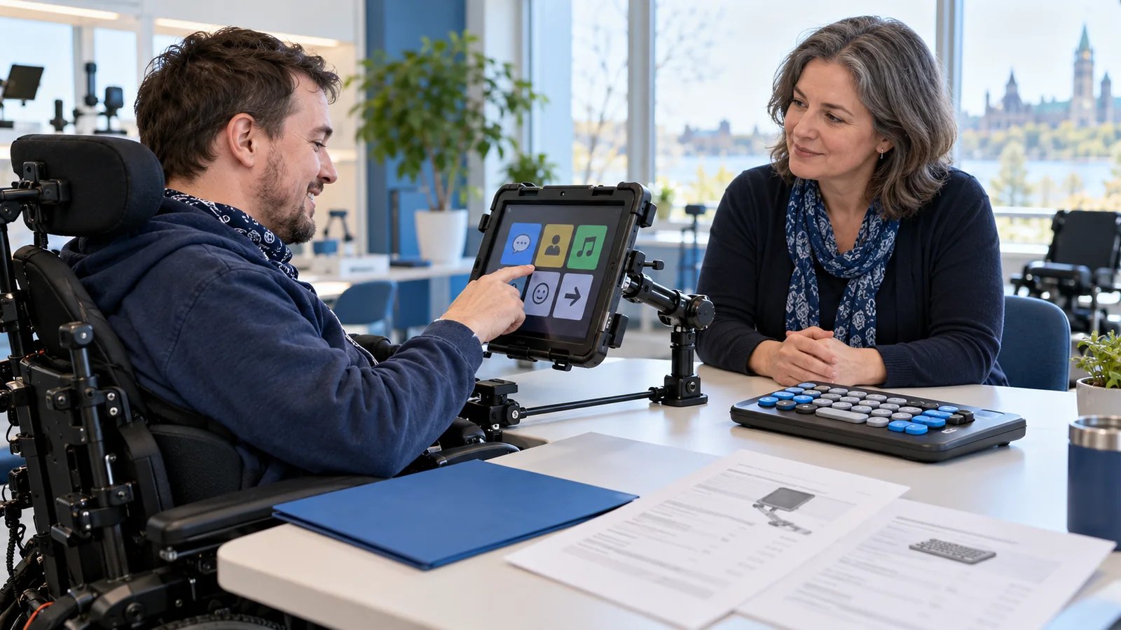 Illustration of an adult trying a mounted communication tablet with an adviser at an equipment demonstration table.