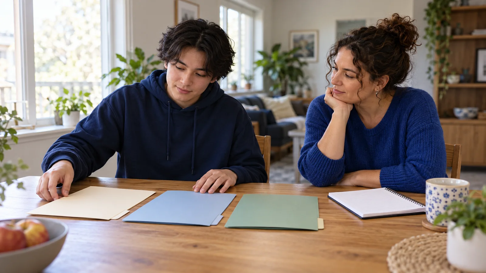 Two adults sit at a dining table with a notebook and three folders.