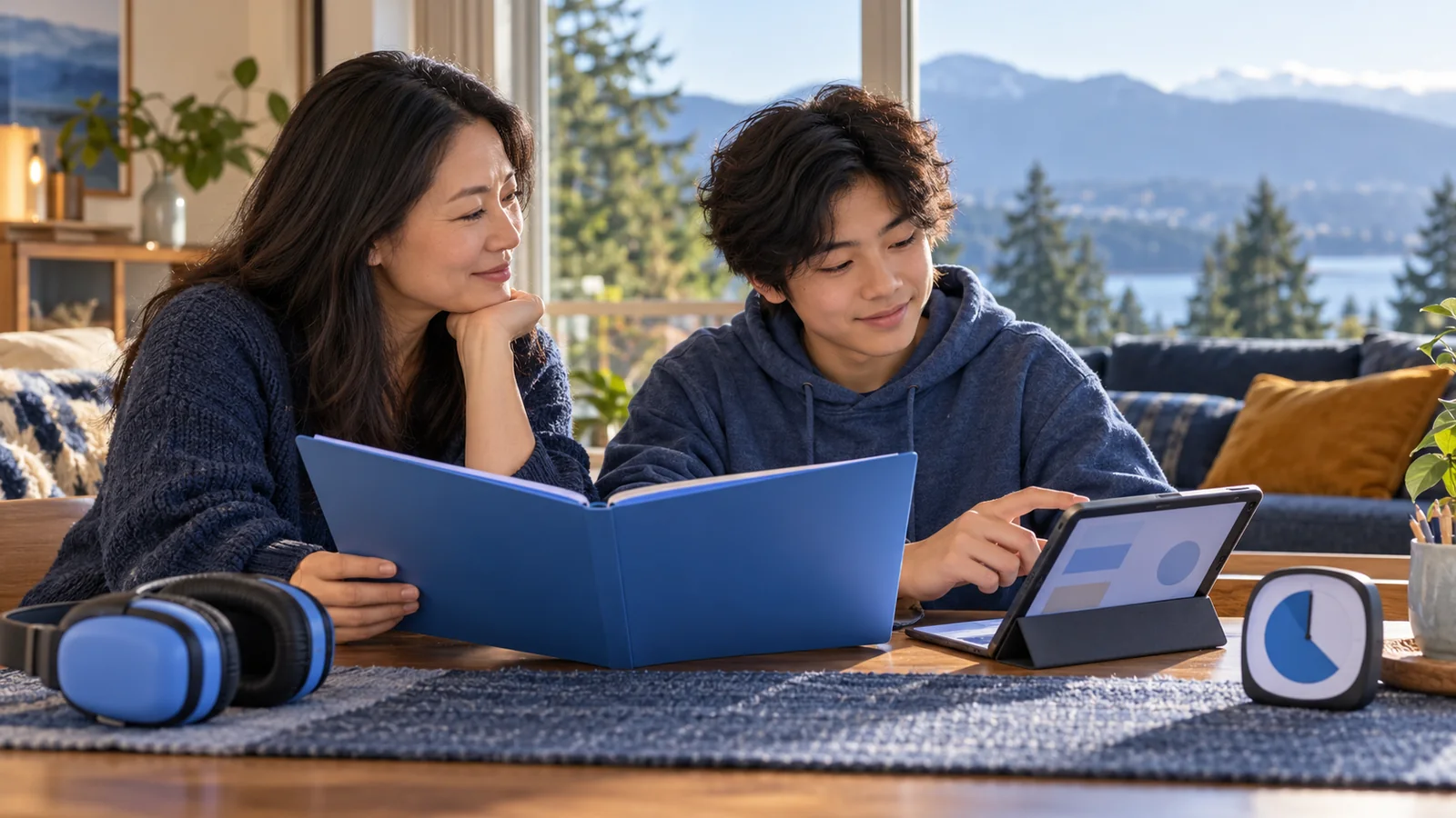 Illustration of a parent and teenager reviewing a folder and tablet at home, with headphones and a visual timer nearby.