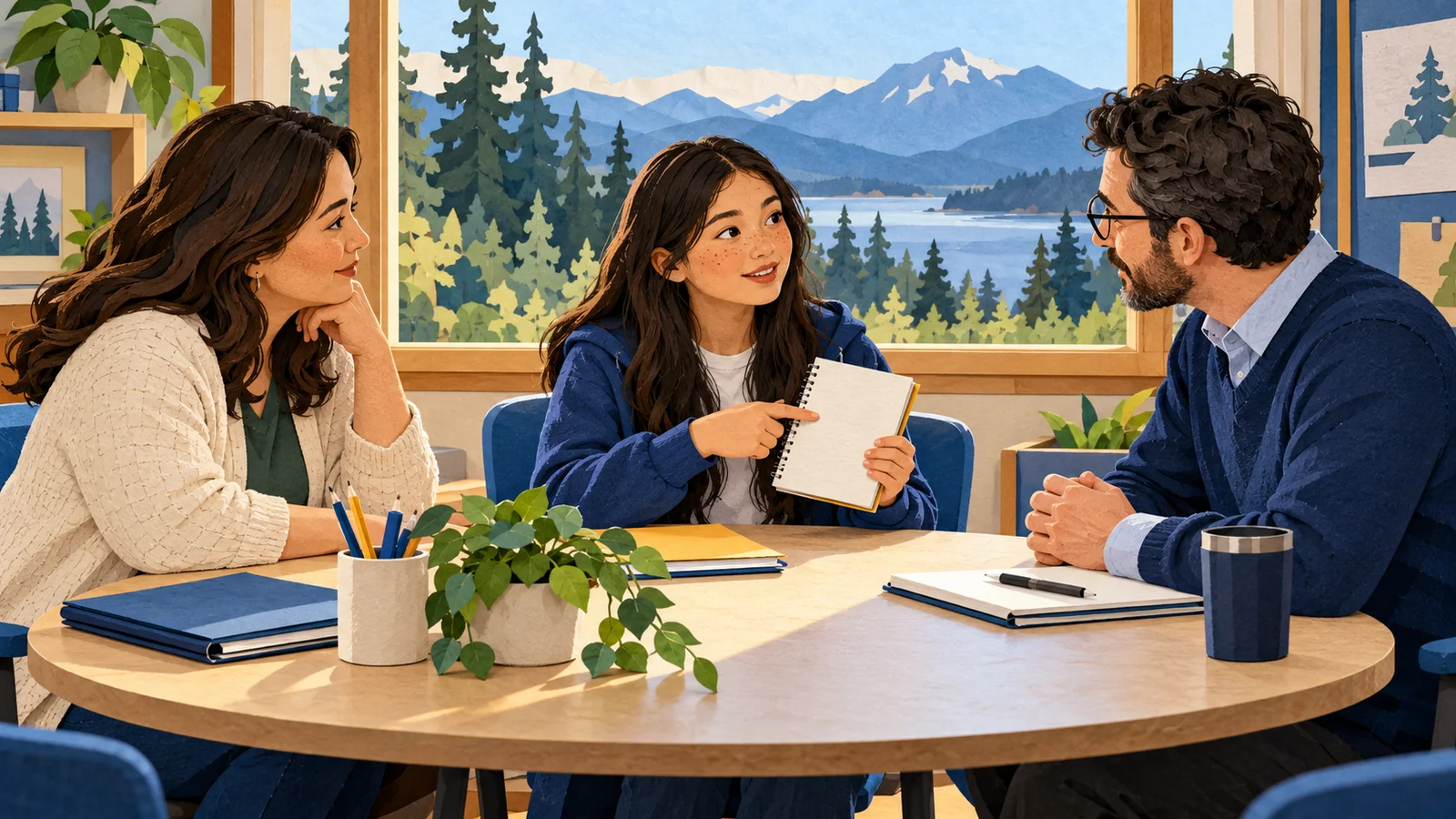 Illustration of a student sharing her notebook with a parent and teacher at a school meeting table.