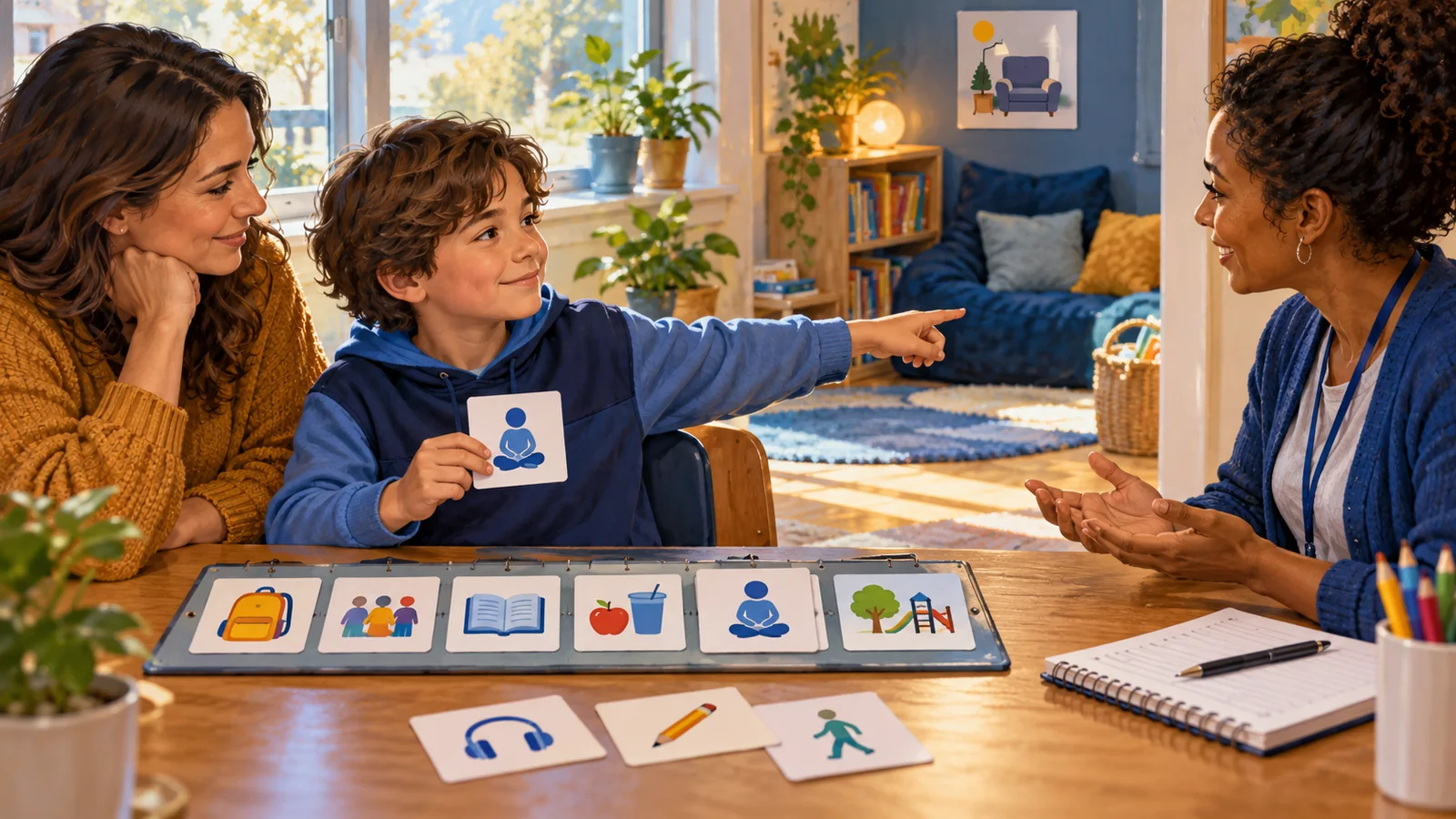 Illustration of a child using a break card and pointing to a quiet corner while a parent and support professional listen.