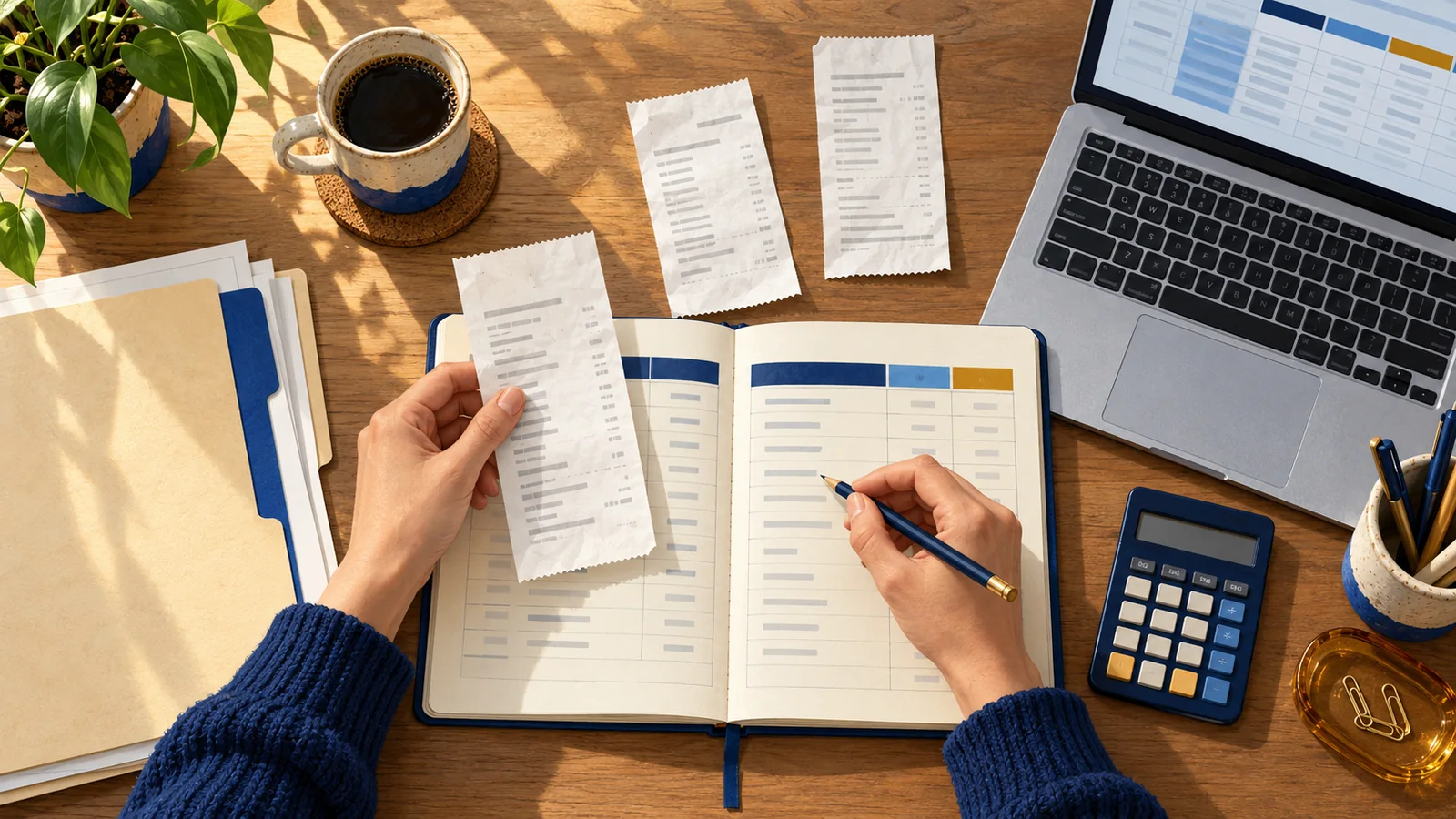 Overhead illustration of hands matching a receipt to a notebook table beside a laptop and calculator.