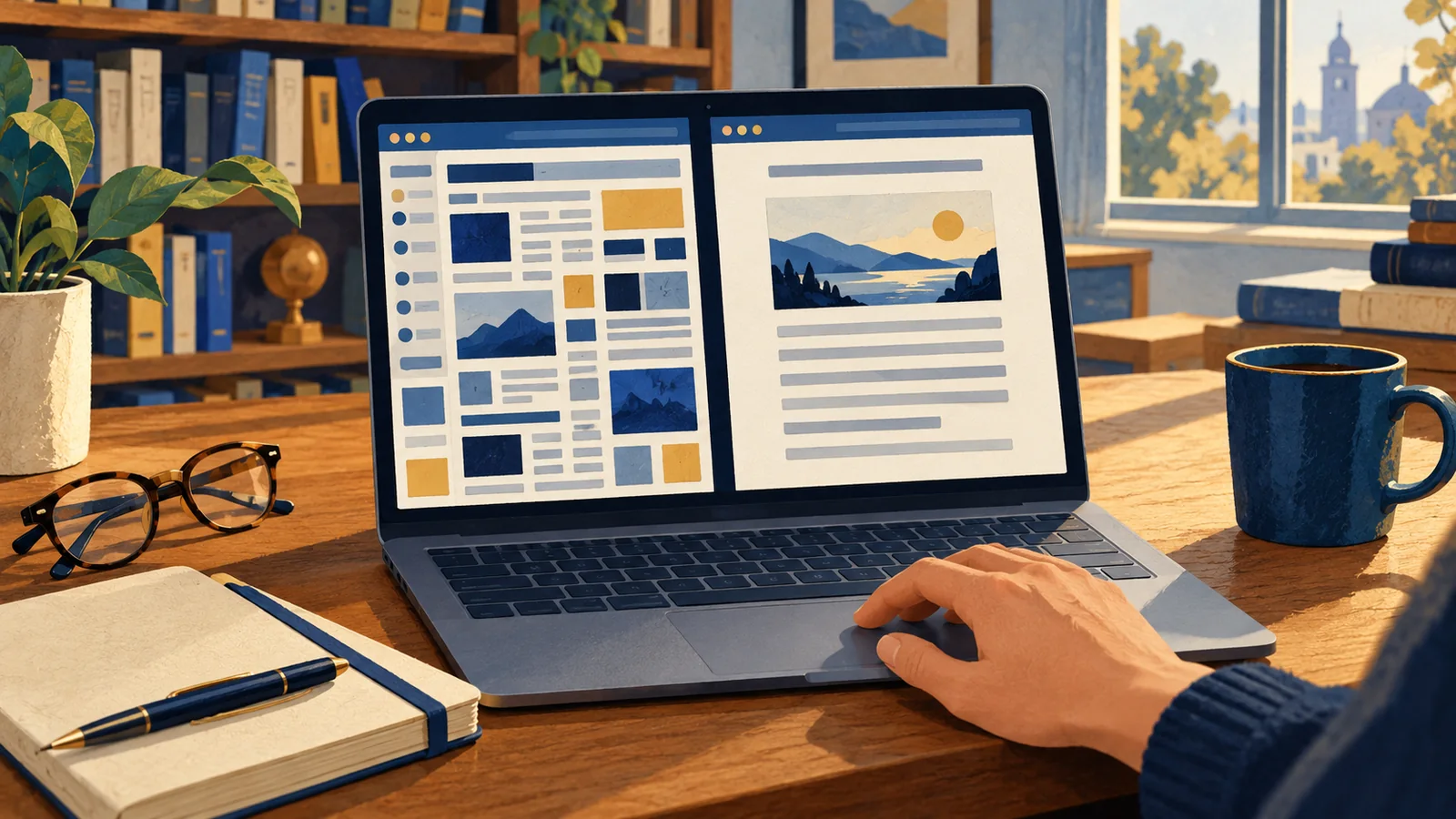 Illustration of a laptop comparing an abstract busy webpage with a simpler reading view.
