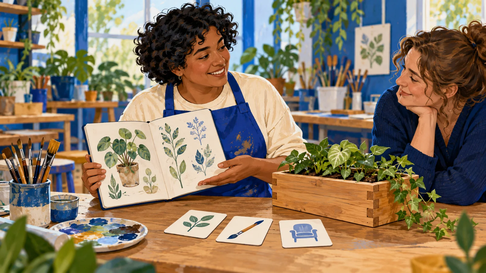Illustration of an adult sharing plant sketches and a handmade planter with a friend in a workshop.