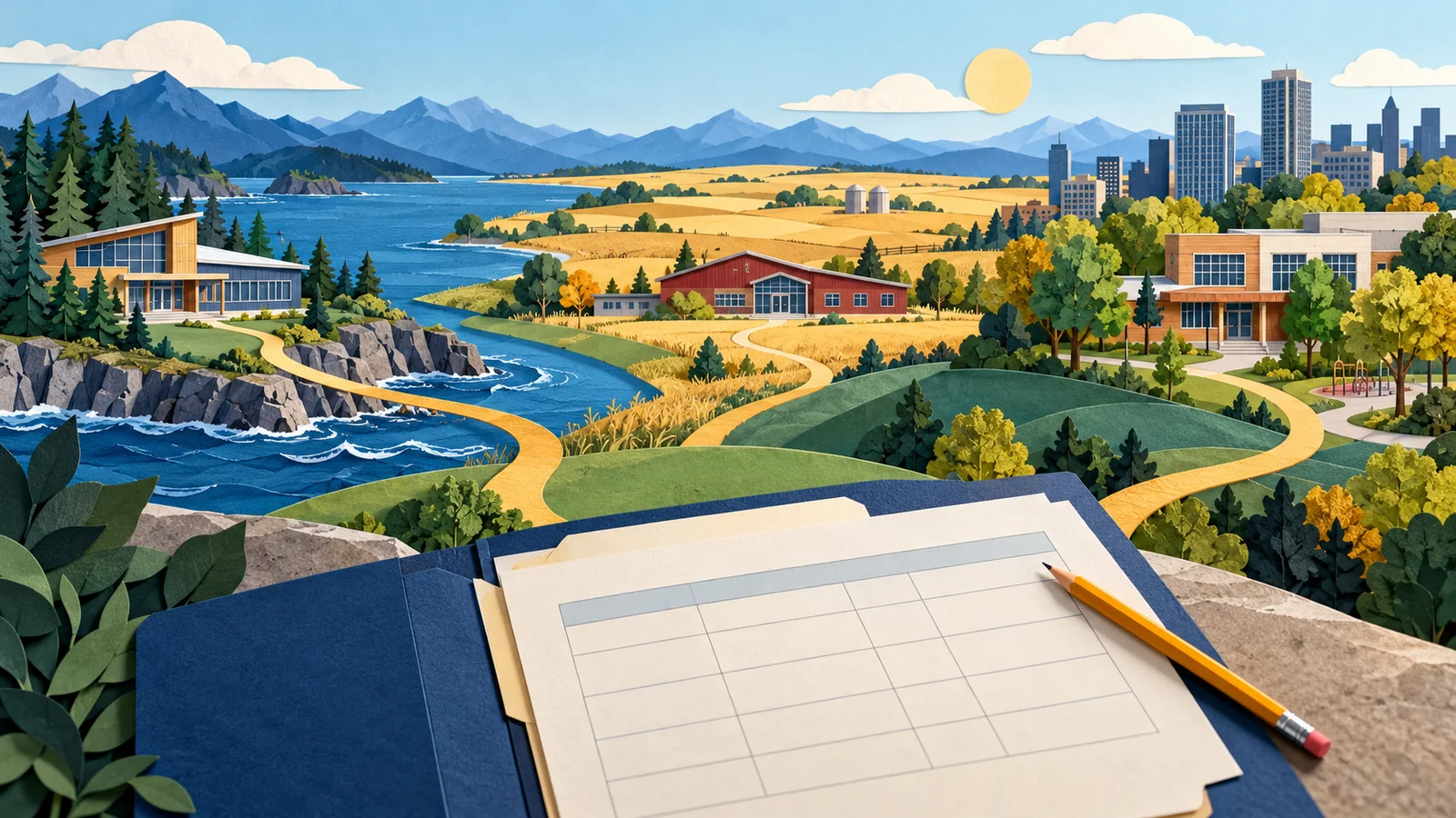 Illustration of three school buildings in coastal, prairie and urban settings connected by paths, with a planning folder in front.