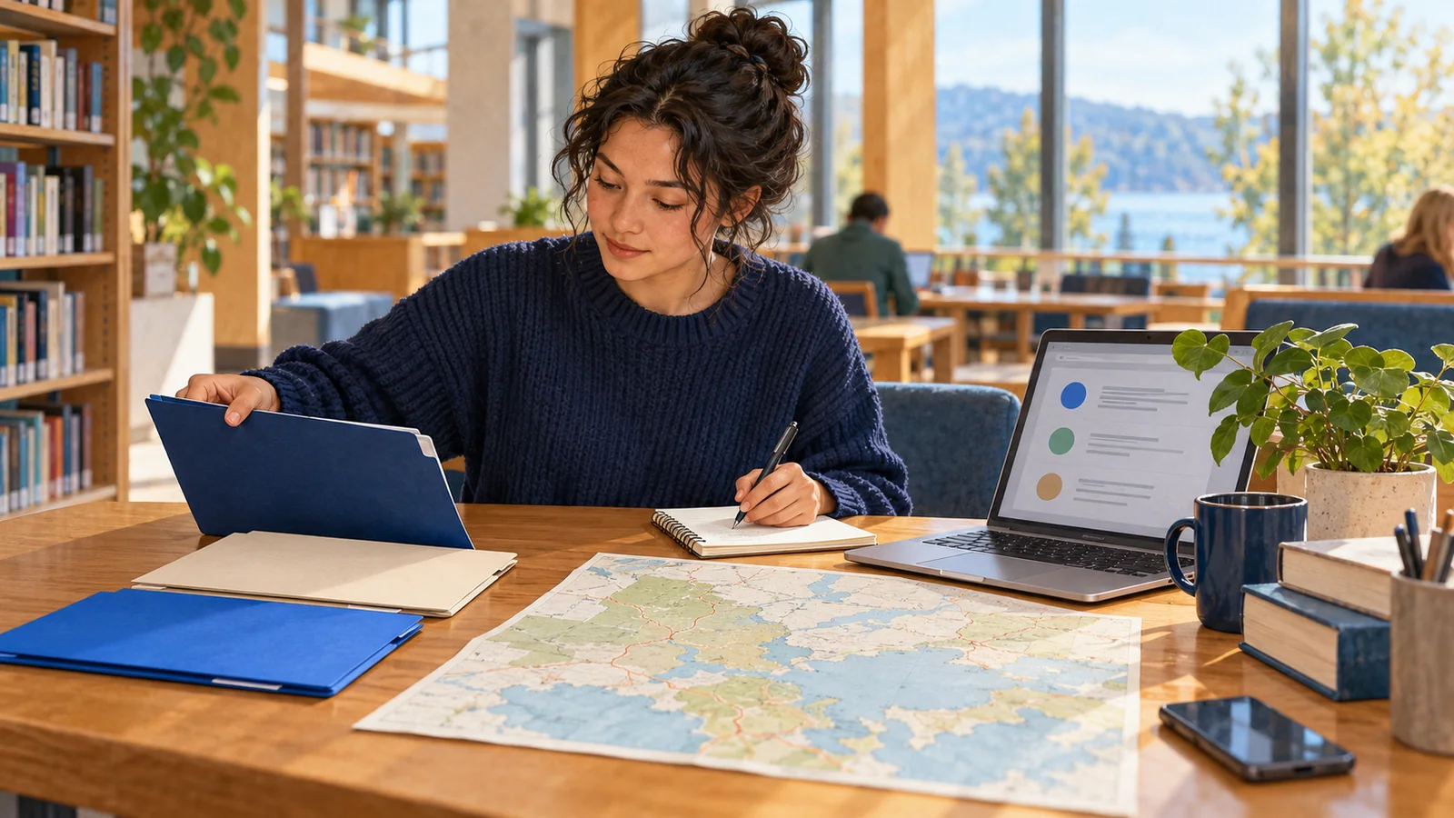 Illustration of an adult organising folders, a map and notes beside a laptop in a library.