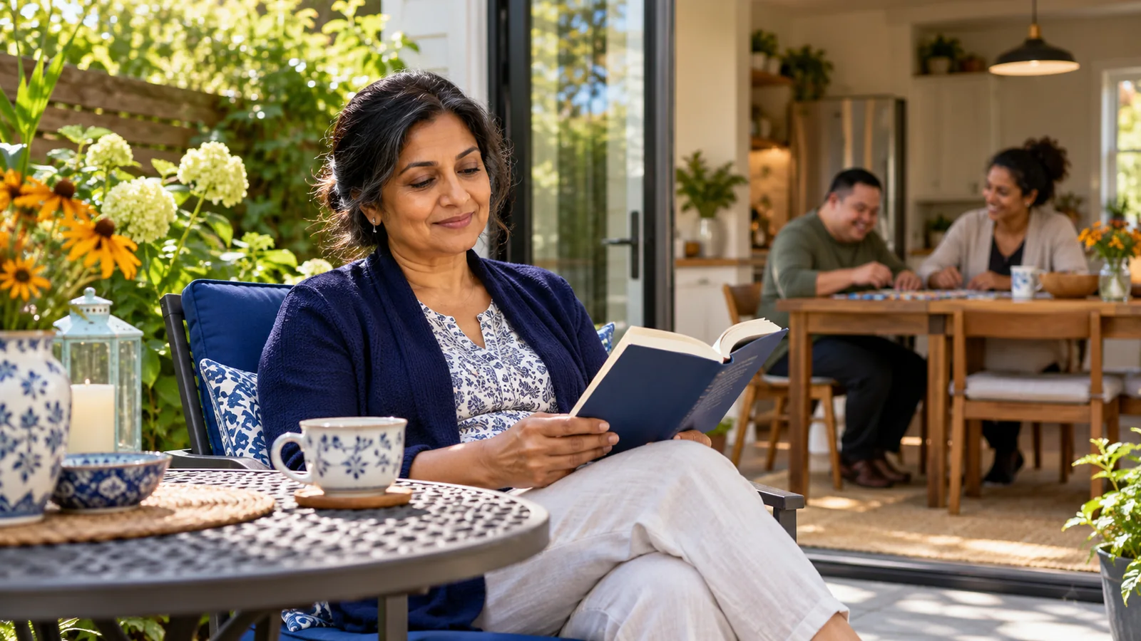 Illustration of a caregiver reading on a patio while two adults share an activity inside the home.