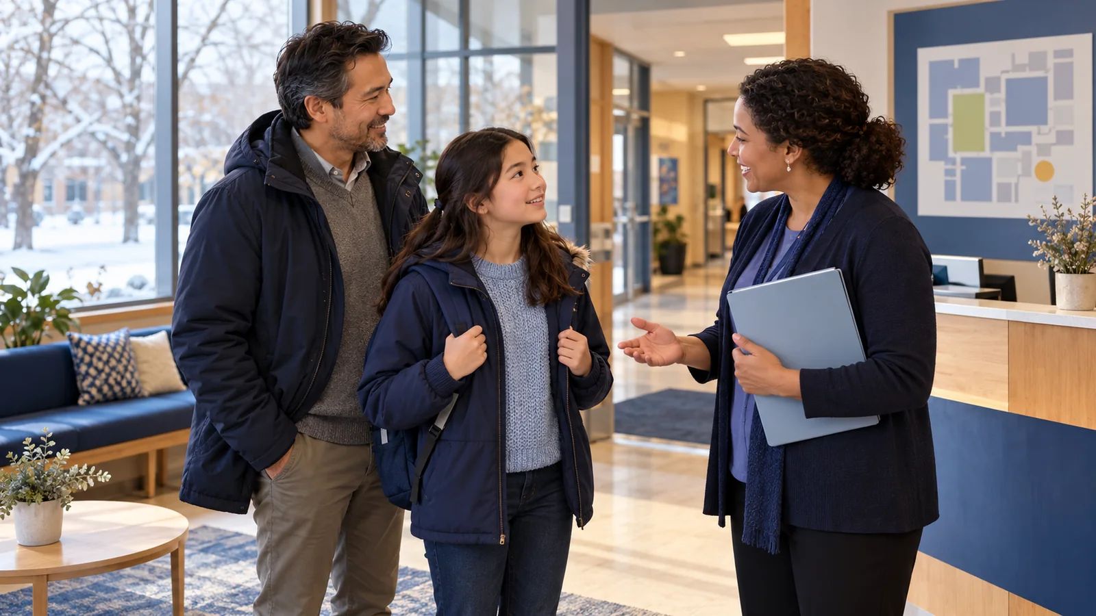 Illustration of a student and parent being welcomed by a staff member at a school reception area in winter.