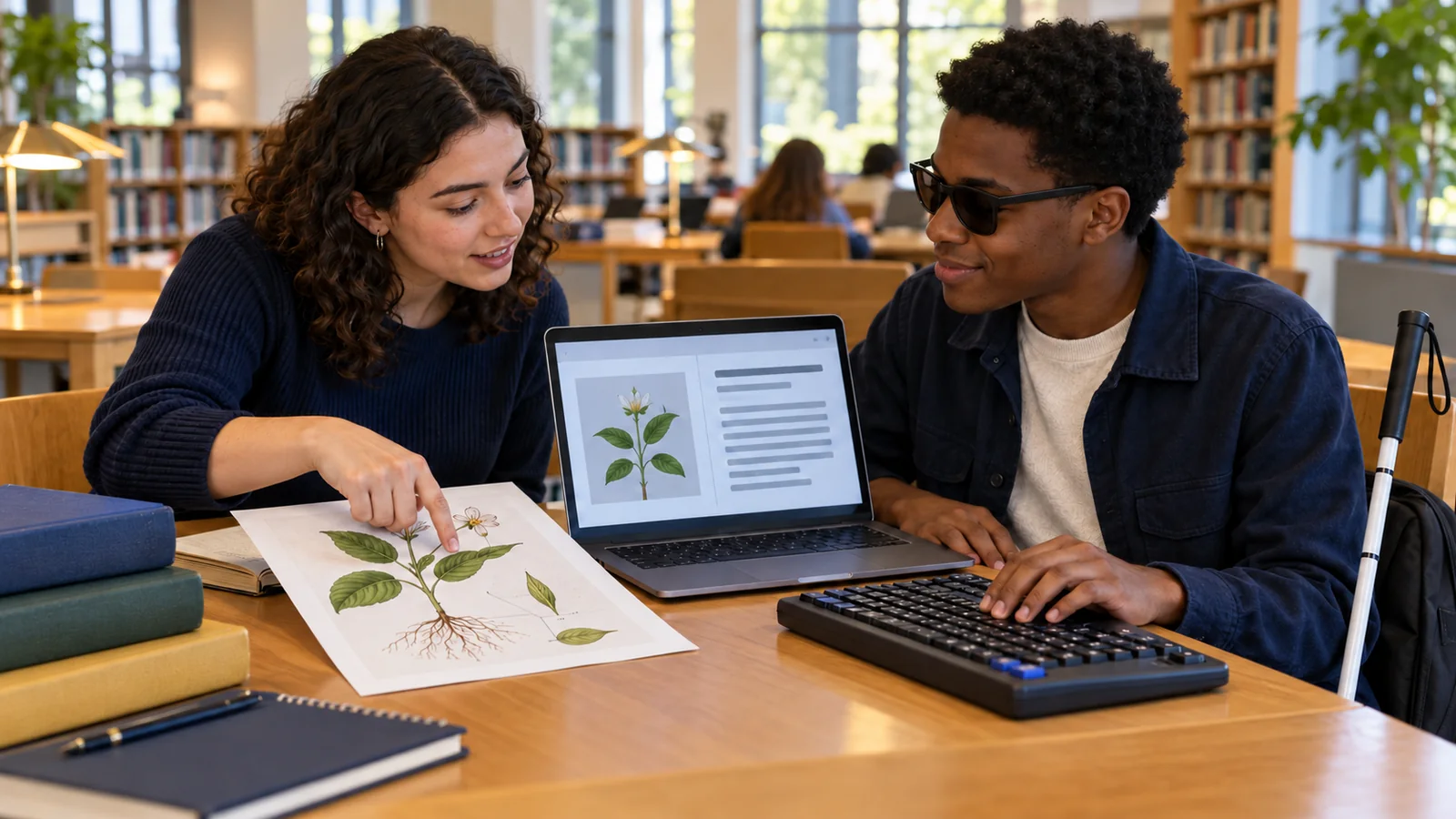 Illustration of two students comparing a plant diagram with an abstract computer description during a library discussion.
