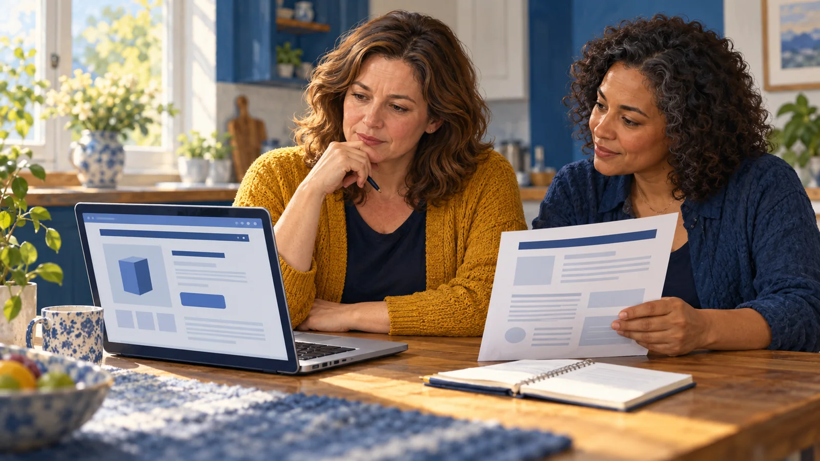 Illustration of two adults comparing an online advertisement with independent health information at a kitchen table.