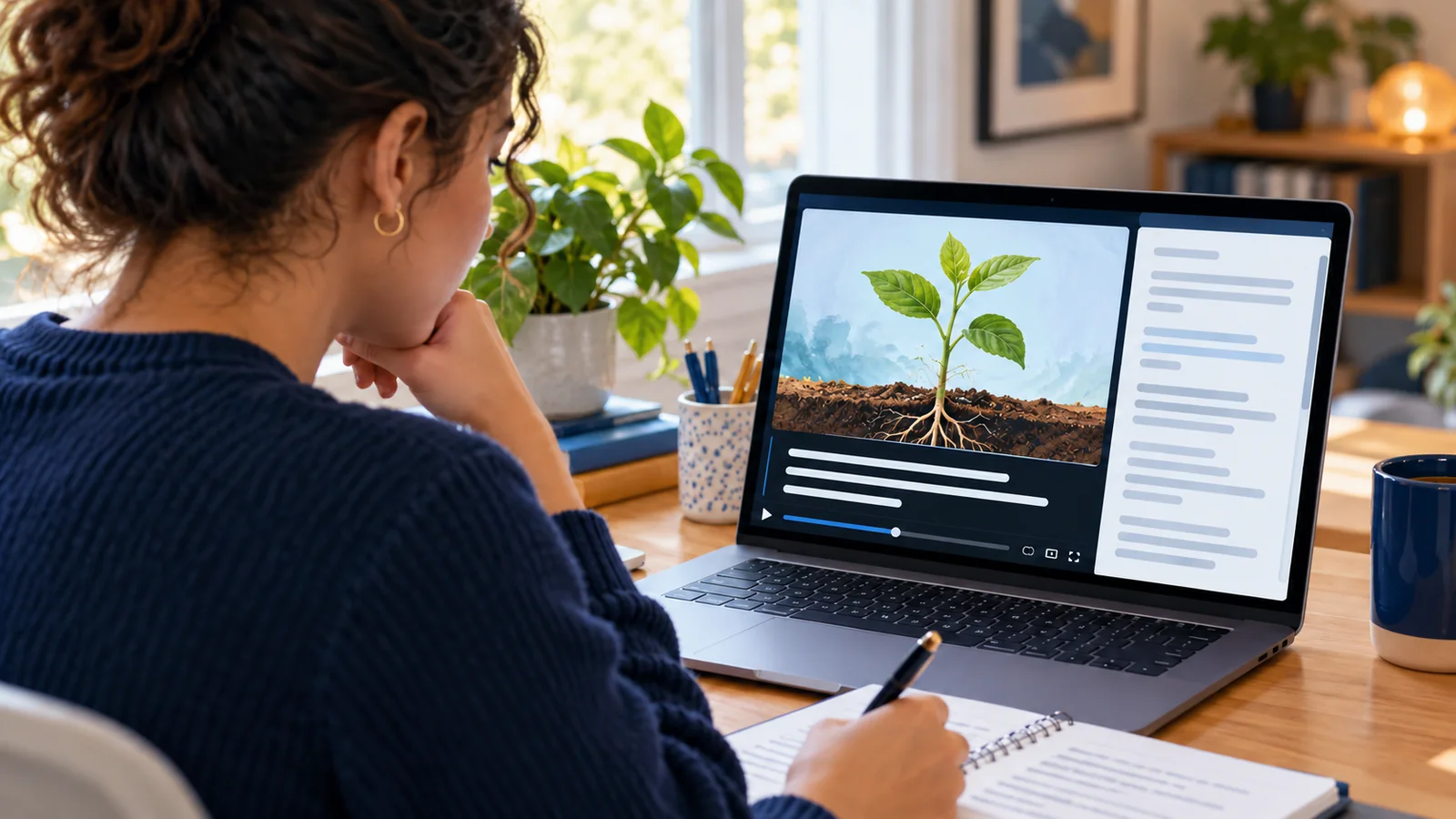 Illustration of a student viewing a plant lesson with abstract caption and transcript panels on a laptop.