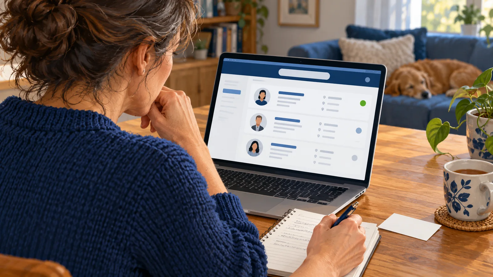 Illustration of an adult comparing an abstract professional register on a laptop with appointment notes.