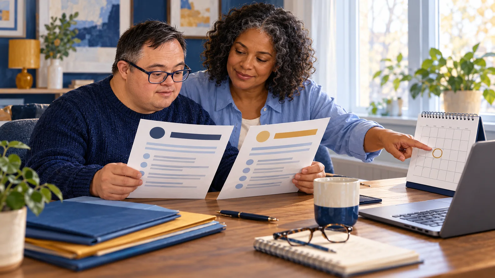Illustration of an adult and companion comparing information sheets beside a calendar to check the applicable year.