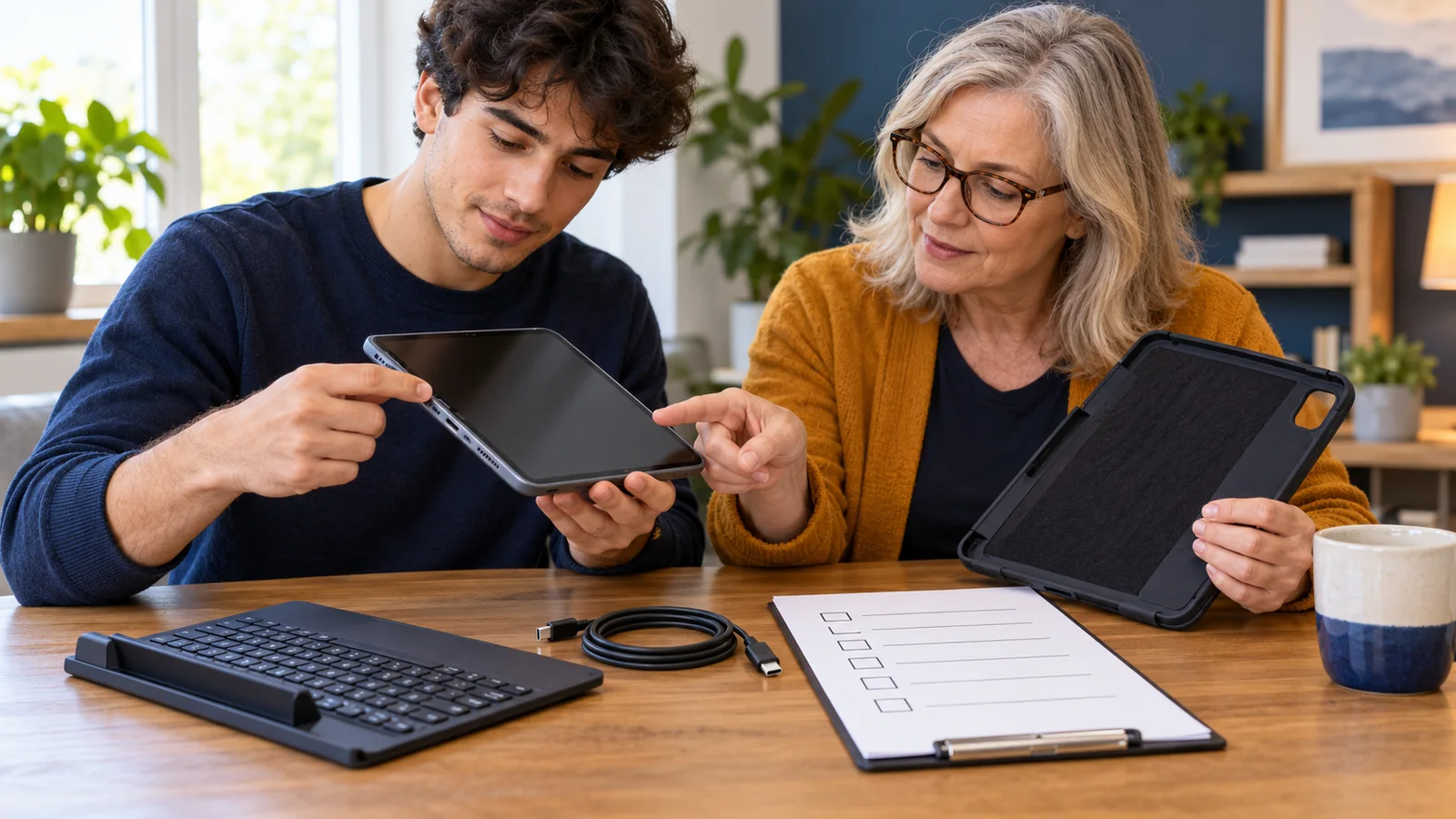 Illustration of a young adult and supporter checking a tablet, protective case and accessories beside a purchase checklist.