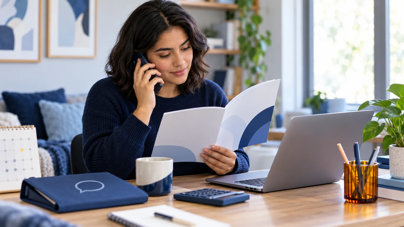 Illustration of an adult reviewing a benefits booklet while making a telephone enquiry beside a laptop.