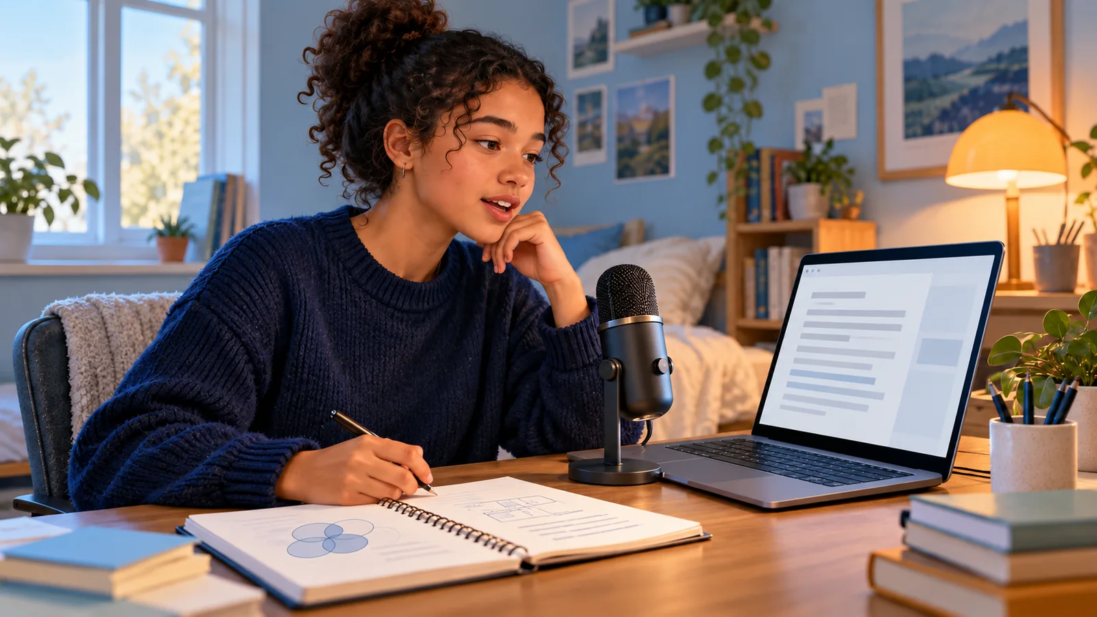 Illustration of a student using a desktop microphone beside a laptop and notebook.