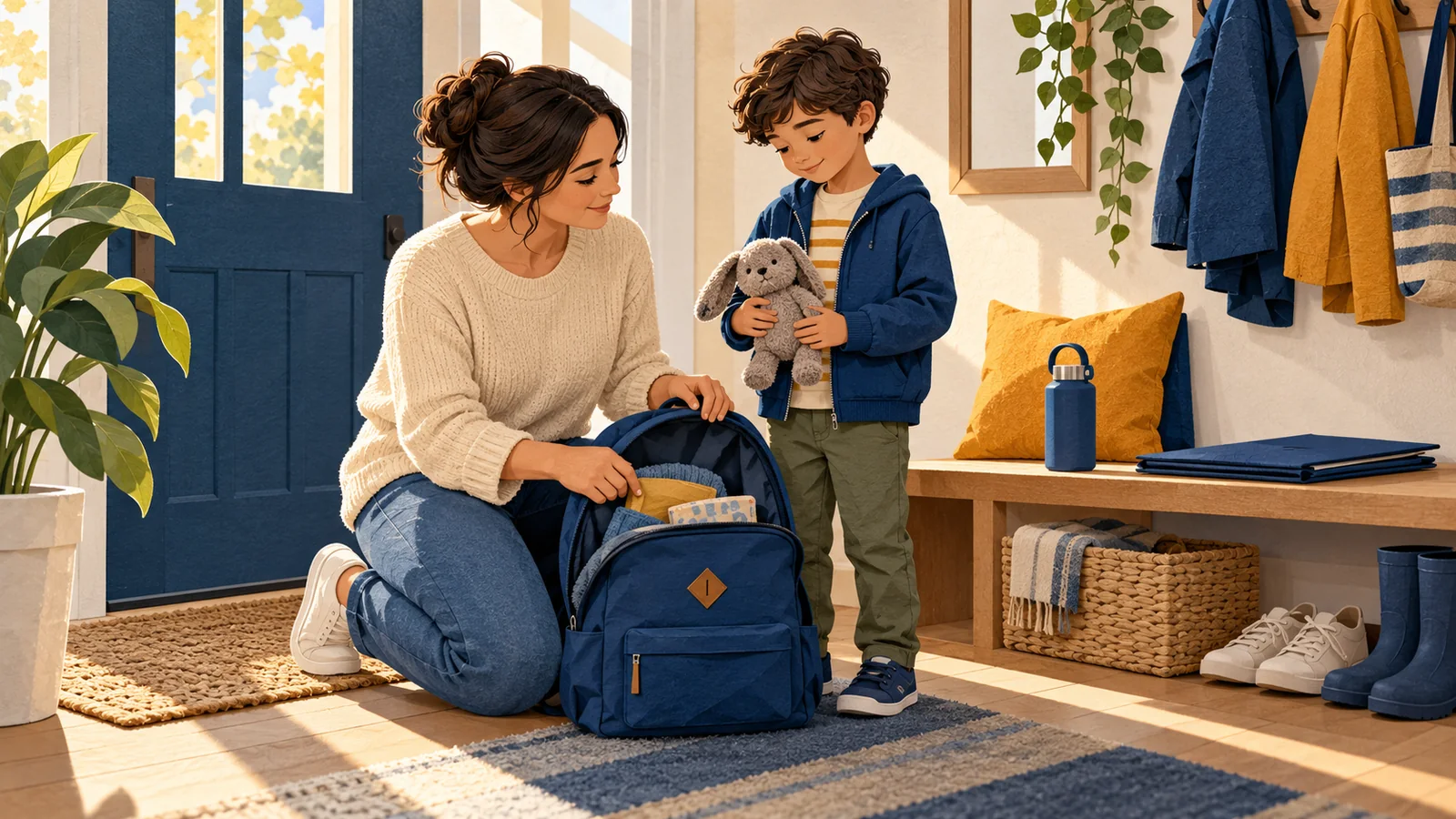 Illustration of a parent packing a backpack while a child holds a familiar soft toy beside an entryway bench.