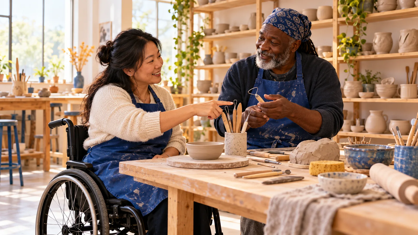 Illustration of a wheelchair user discussing pottery tools with an instructor in a bright community art studio.