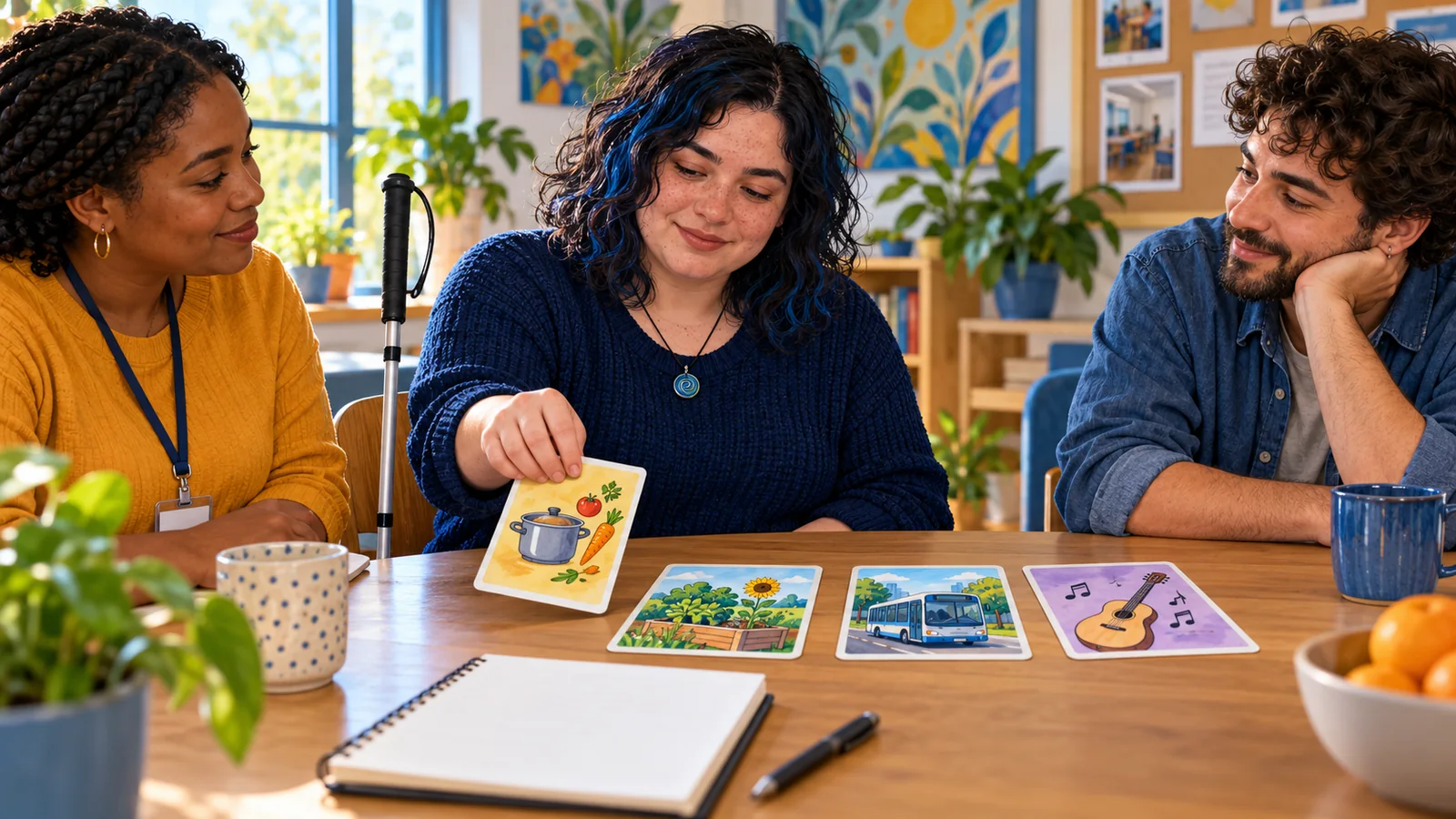 Illustration of an adult choosing a cooking activity card while a support worker and trusted friend listen to their priorities.