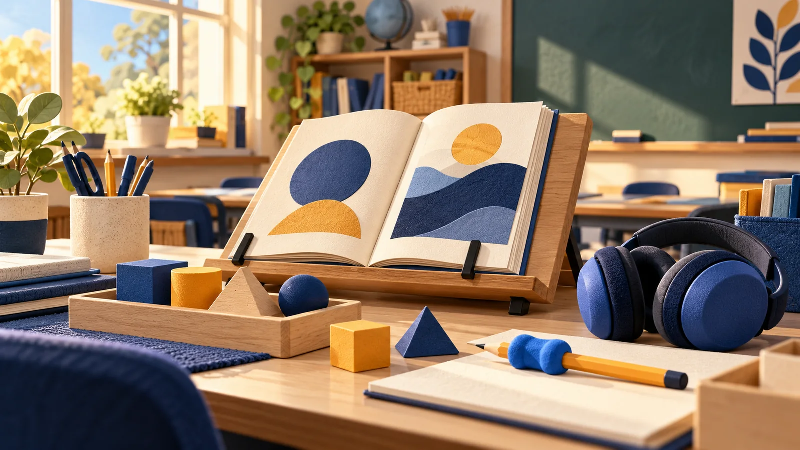 Illustration of a classroom learning station with a reading stand, geometric blocks, headphones and a pencil grip.