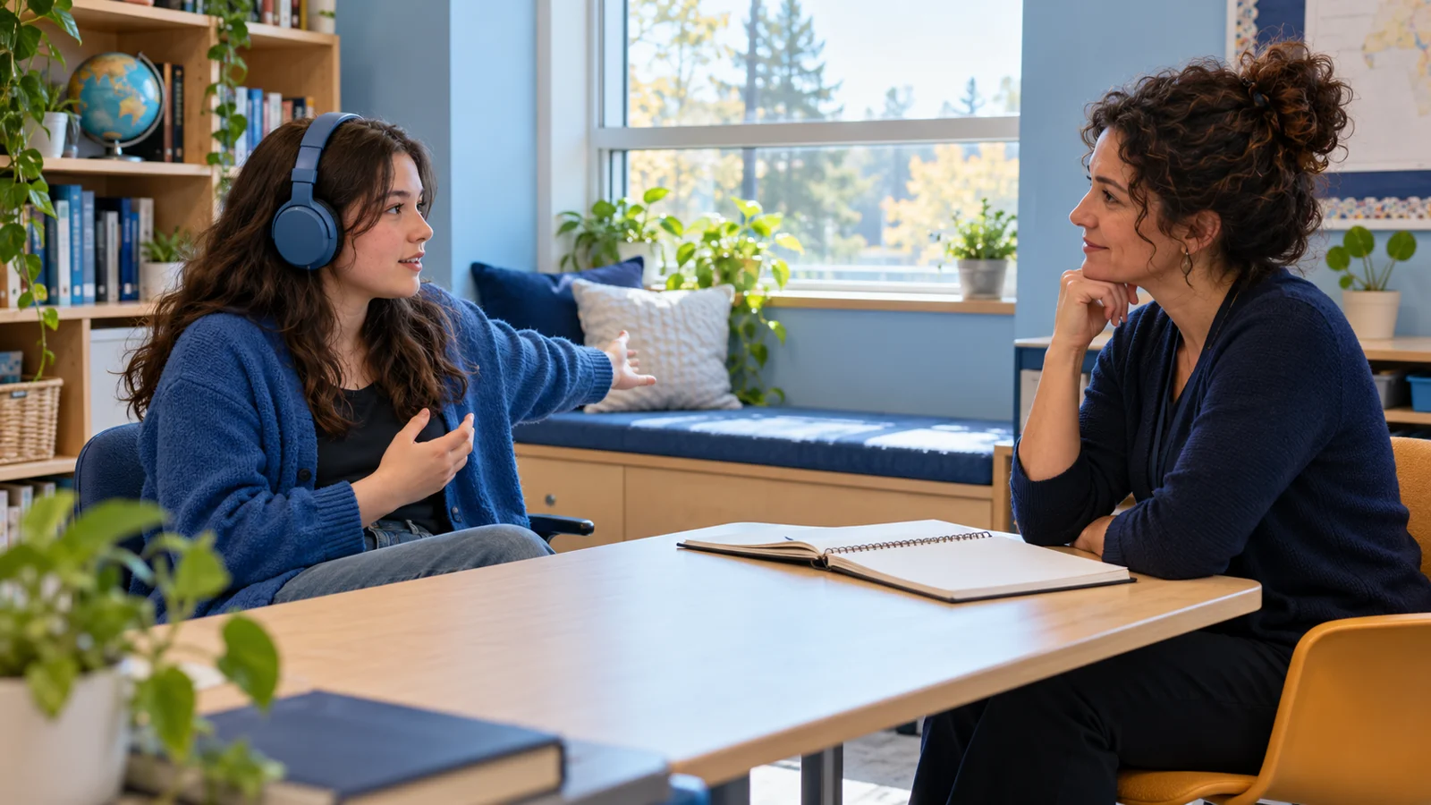 A student and teacher discuss classroom seating beside a window.
