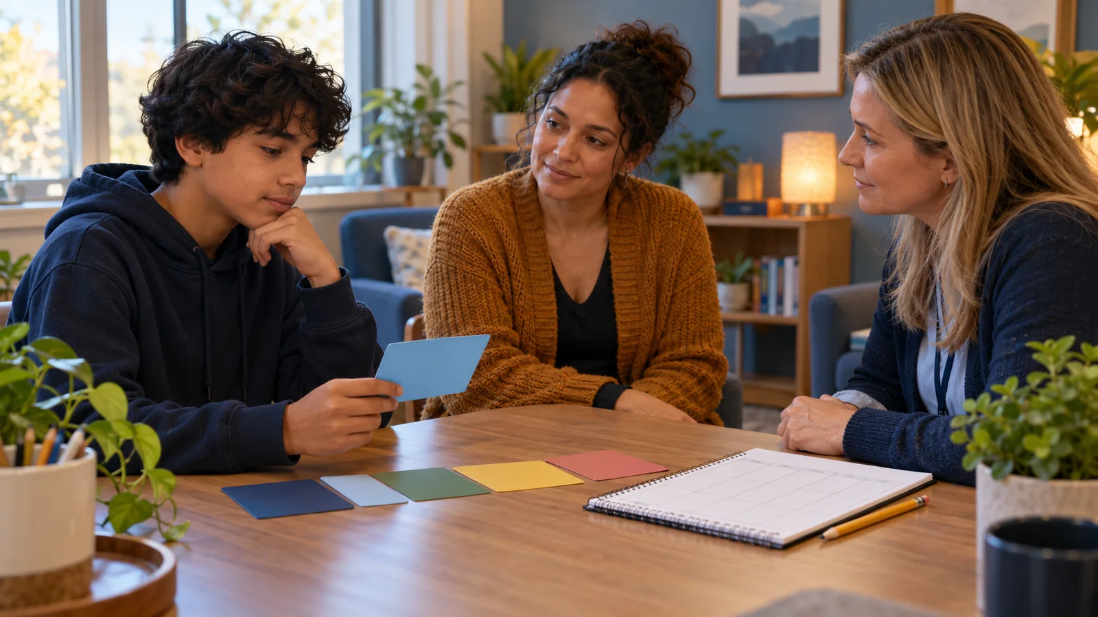 Illustration of a teenager selecting a colour card while a parent and school professional listen at a table.