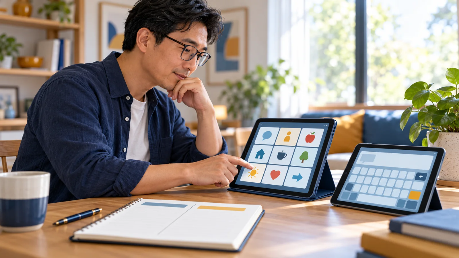 Illustration of an adult exploring two tablets with different abstract communication interfaces at a home desk.