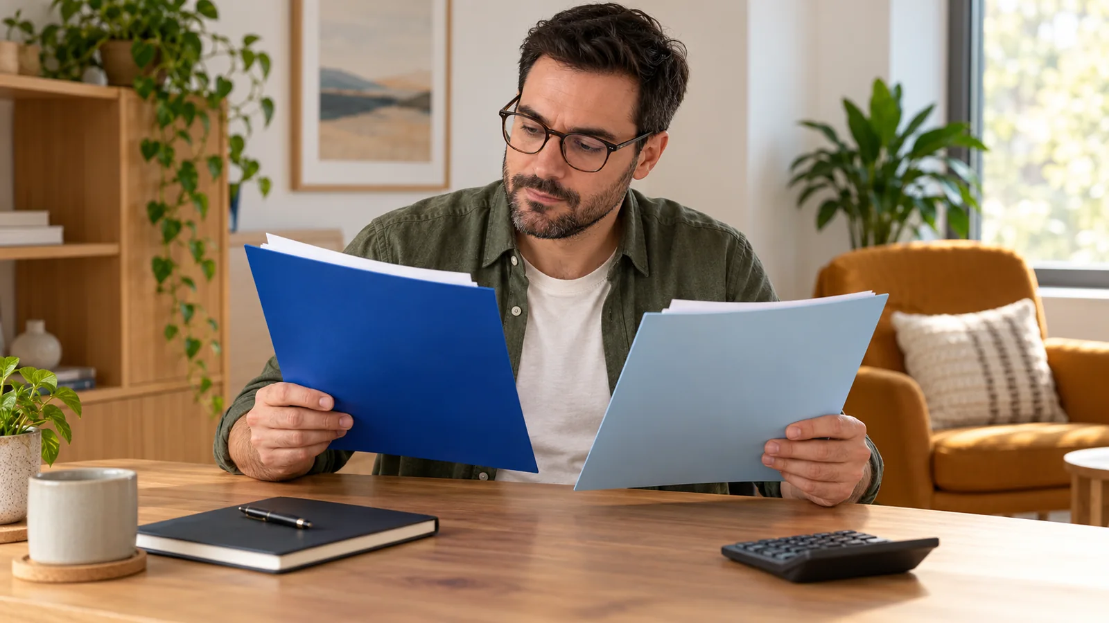 Illustration of an adult comparing two written assessment estimates in blue folders at a quiet desk.