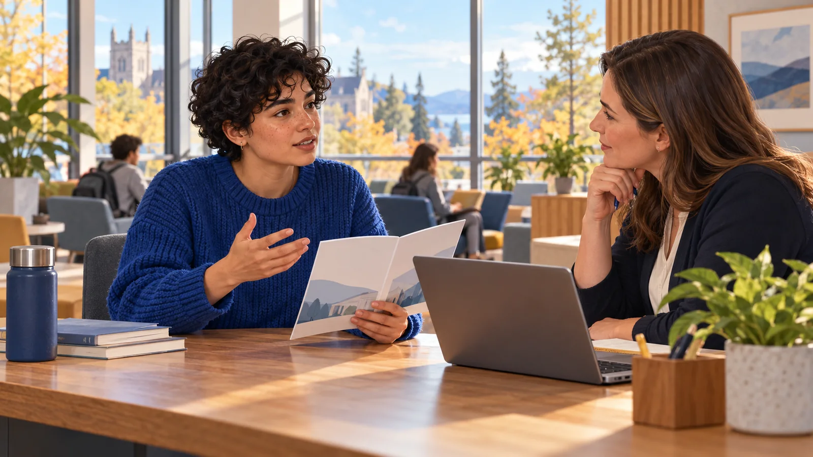 Illustration of a prospective college student discussing a brochure with a staff member at a campus lounge table.