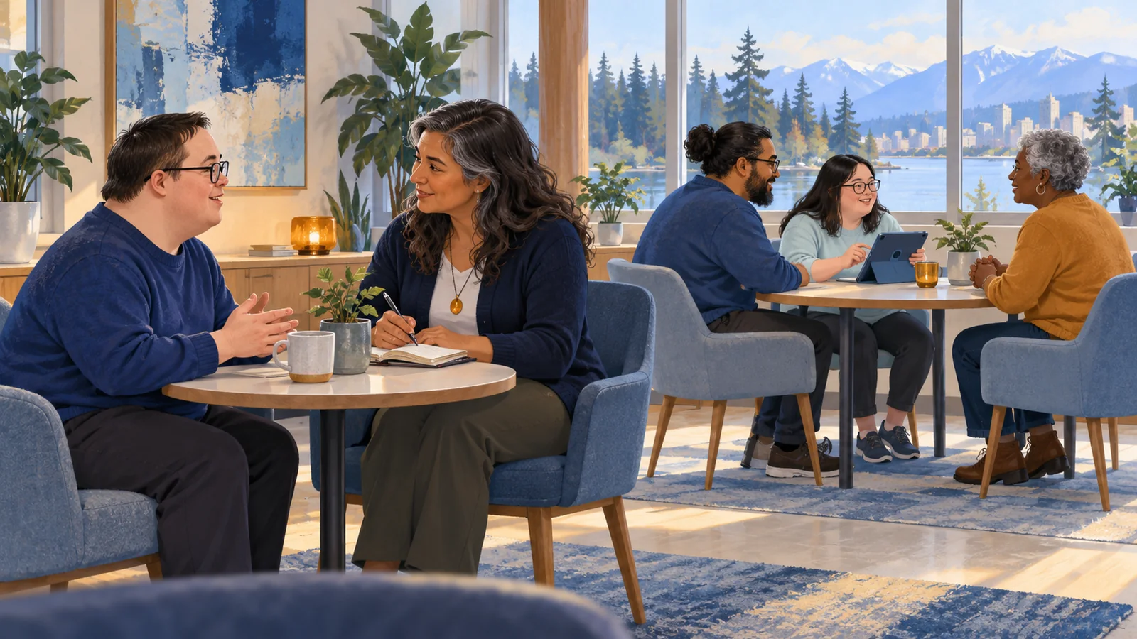 Illustration of adults in a community room, with one individual conversation and a small group using a communication tablet.