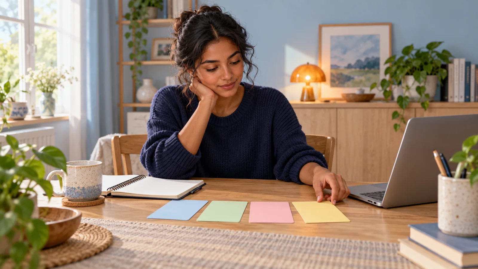 Illustration of a student arranging blank coloured timetable cards beside a notebook and laptop at home.