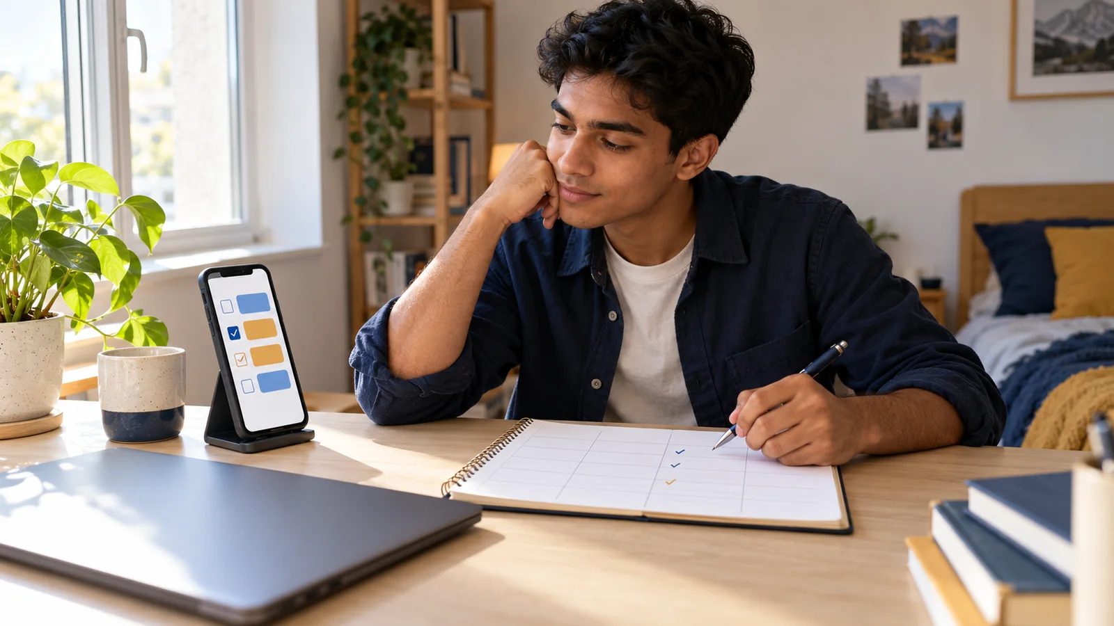 Illustration of a student comparing abstract phone task cards with a paper weekly planner at a desk.